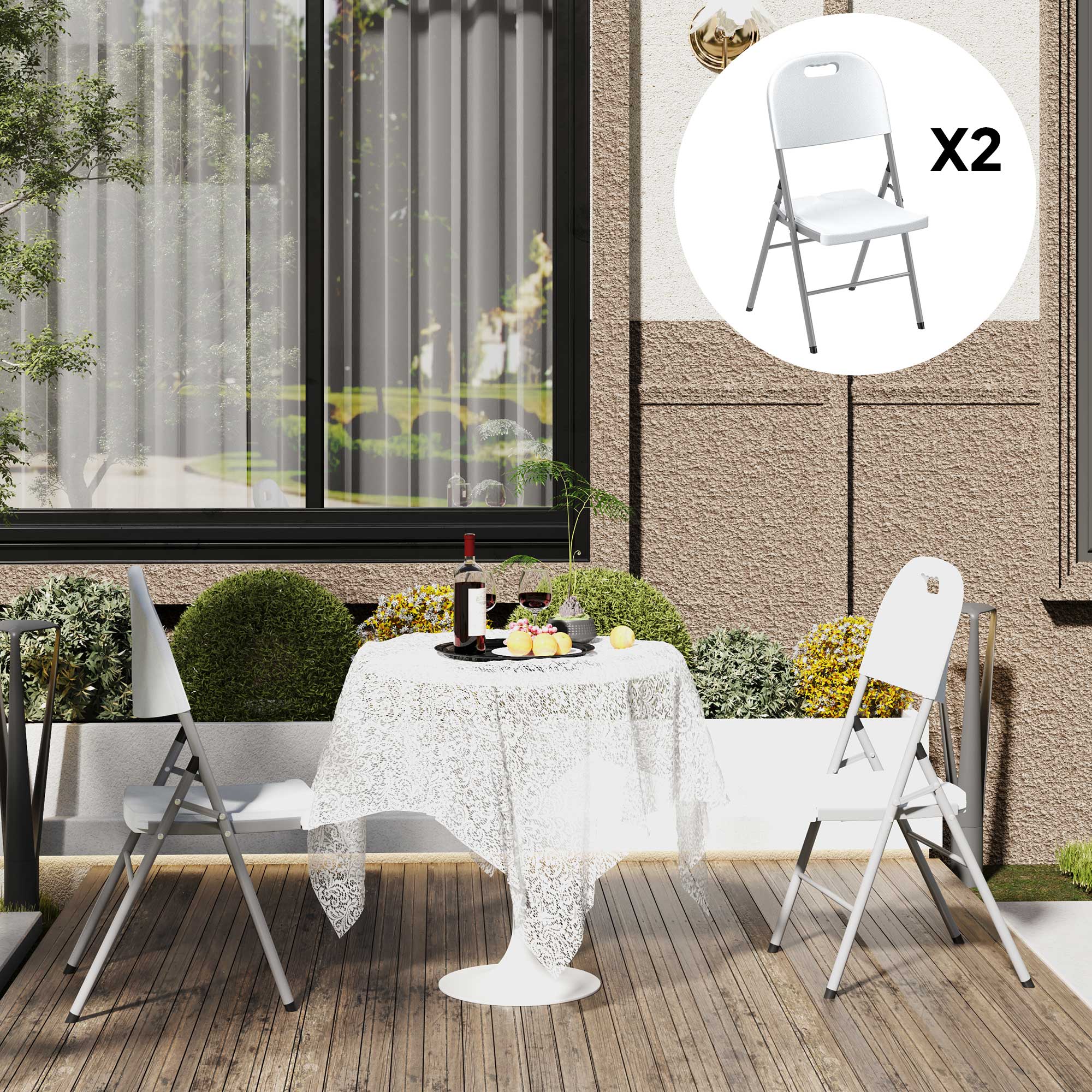Set of 2 Foldable Steel Frame Outdoor Chairs with Plastic Seats - White