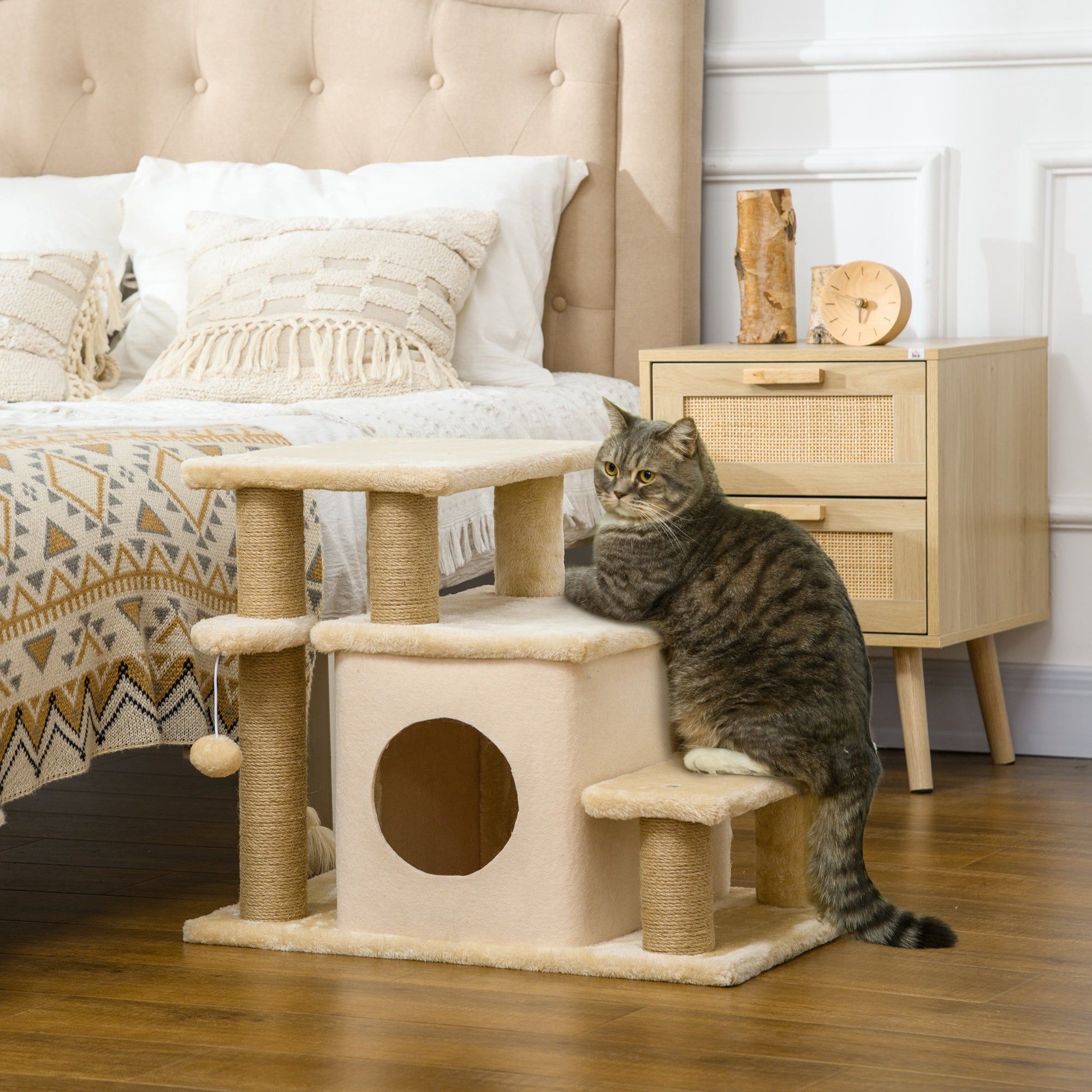 Adjustable Cat Steps, with House & Hanging Toy Ball - Beige