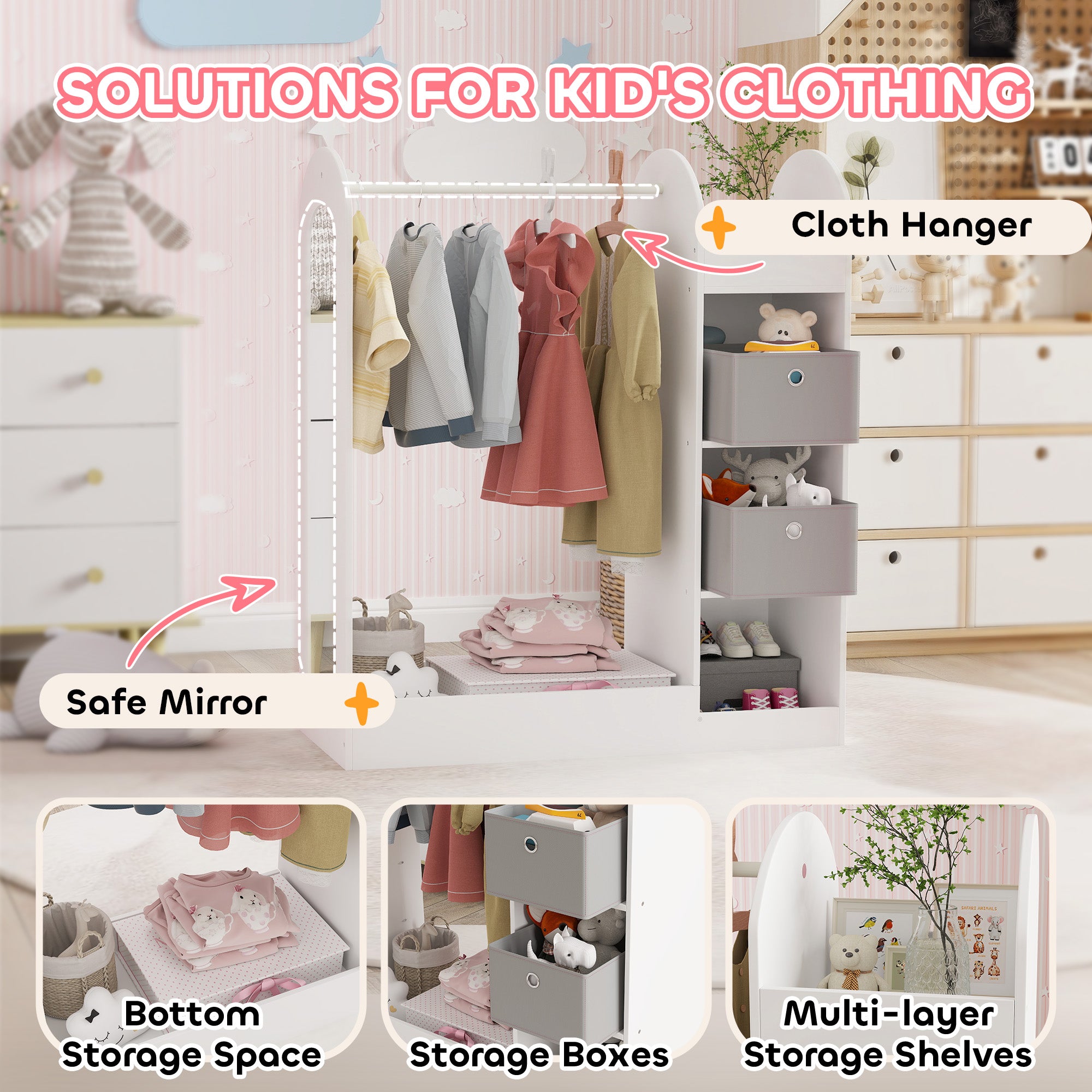 Kids Clothes Rail with Storage Shelf, Boxes, Mirror for Bedroom, Nursery, White