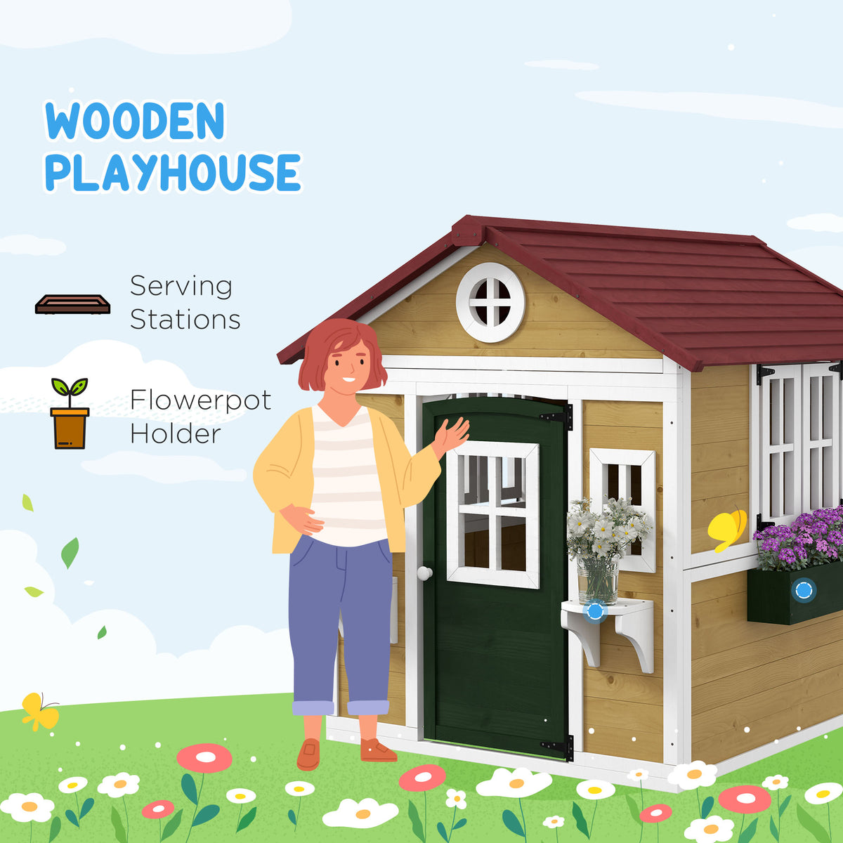Wooden Playhouse with Doors, Windows, Plant Pots for Kids 3-8 Years - Beige