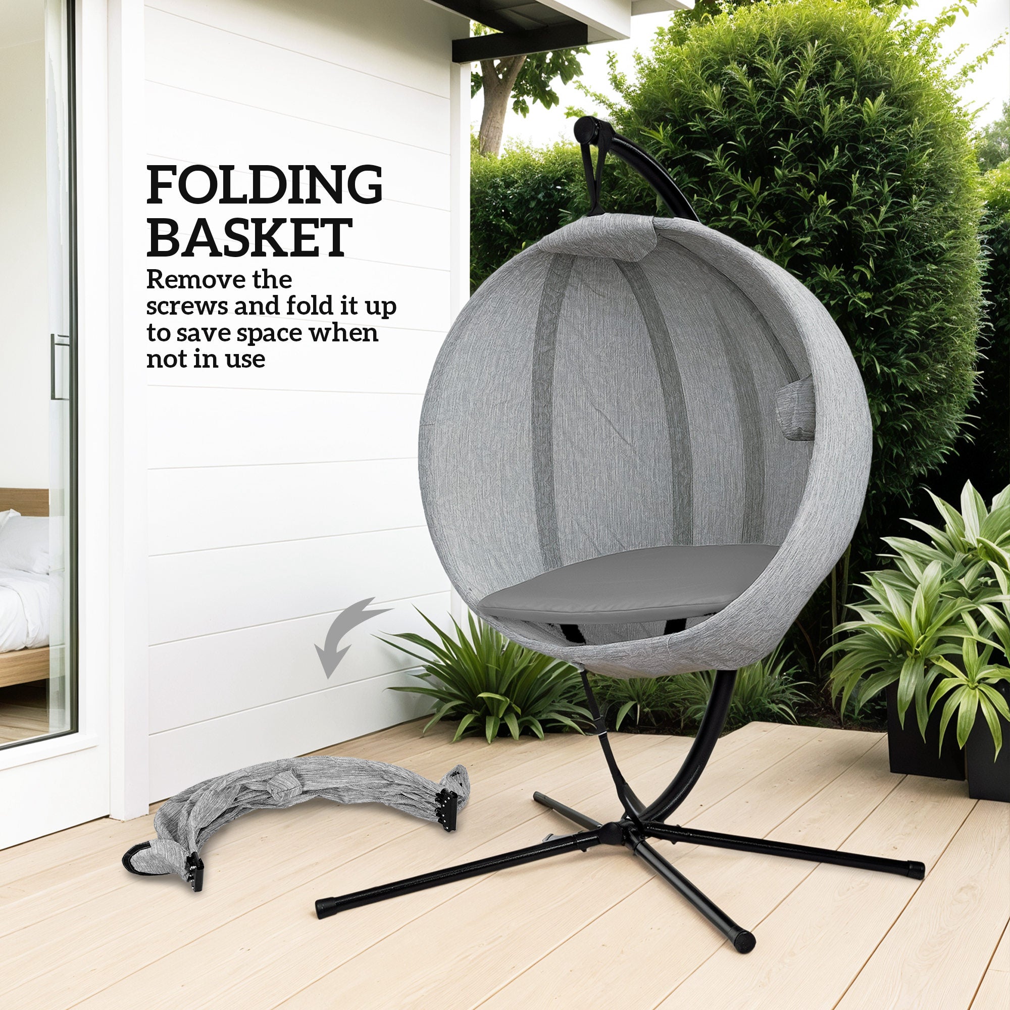 Hanging Egg Chair with Stand and Thick Cushions - Grey