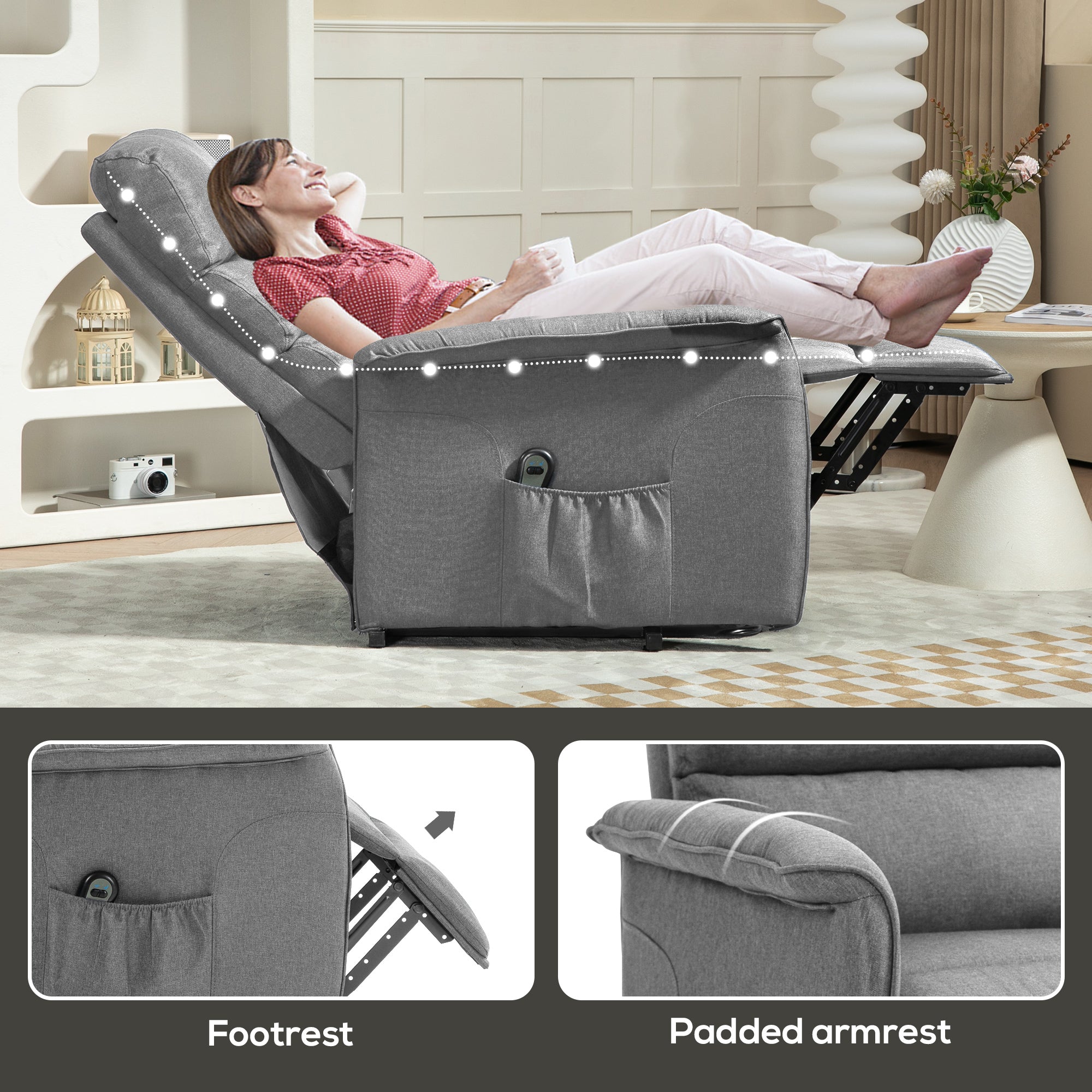 Electric Riser Recline Armchair, with Footrest - Grey