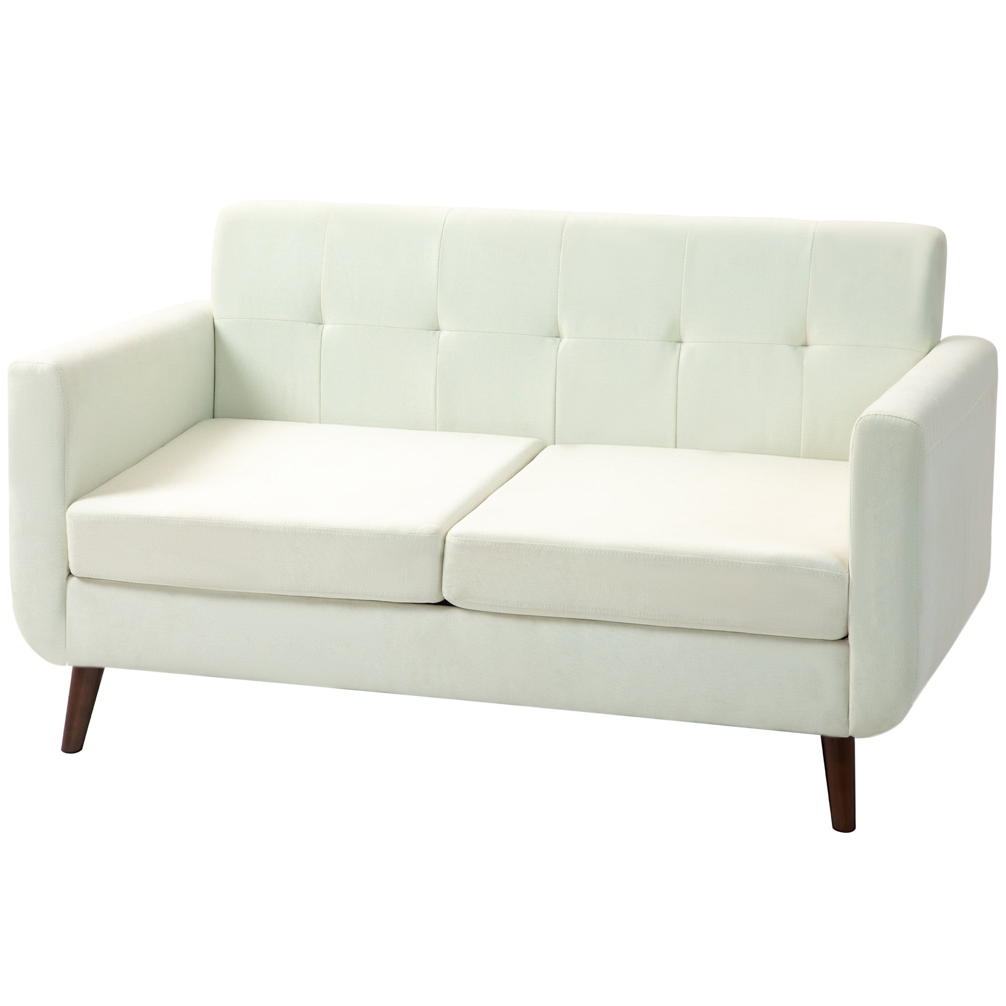 2 Seater Sofa, Modern Tufted Fabric Couch, Upholstered Loveseat with Wood Legs for Small Space, Living Room, Bedroom, Office, Cream White