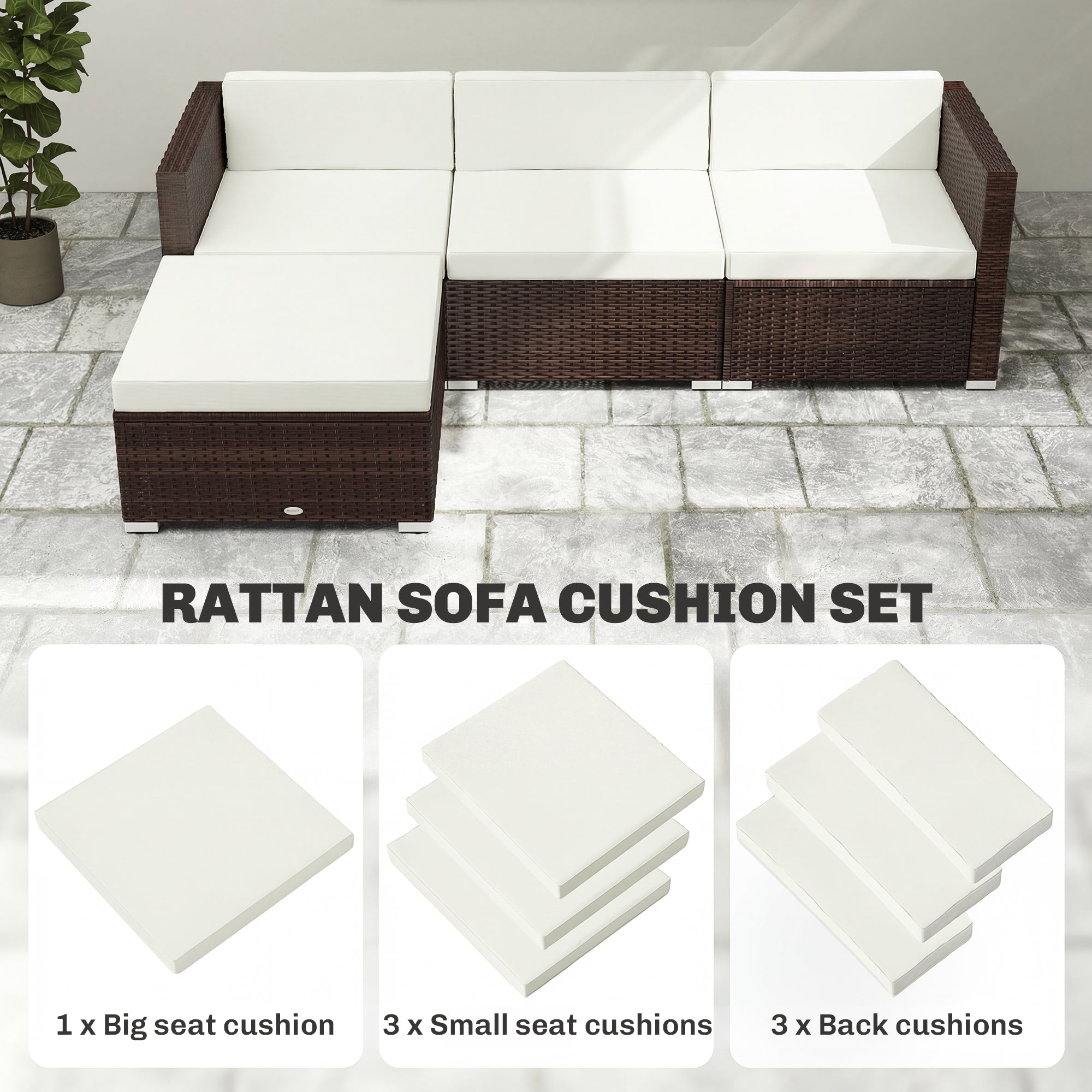 7-Piece Patio Furniture Cushions, Outdoor Loveseat Cushion with Removable Covers for Rattan Furniture, 60x60 cm, Cream