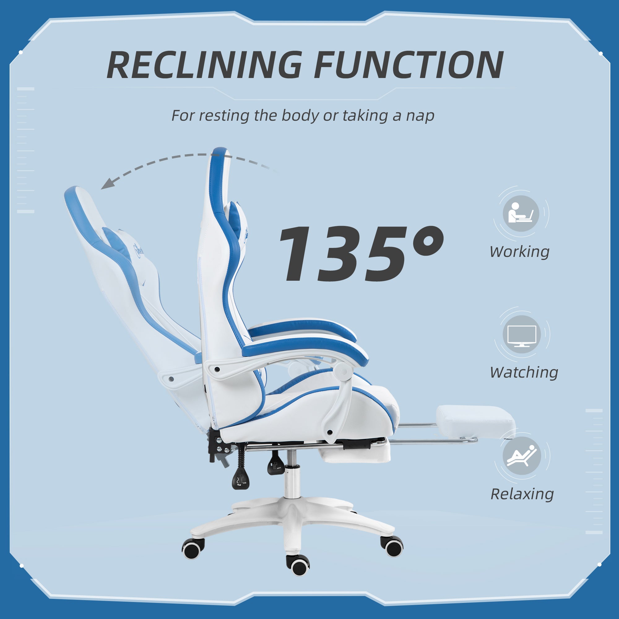 Computer Gaming Chair, PU Leather Desk Chair with Footrest, Swivel Task Chair with 135° Reclining Back and Lumbar Support, PC Chair for Adults, White and Blue