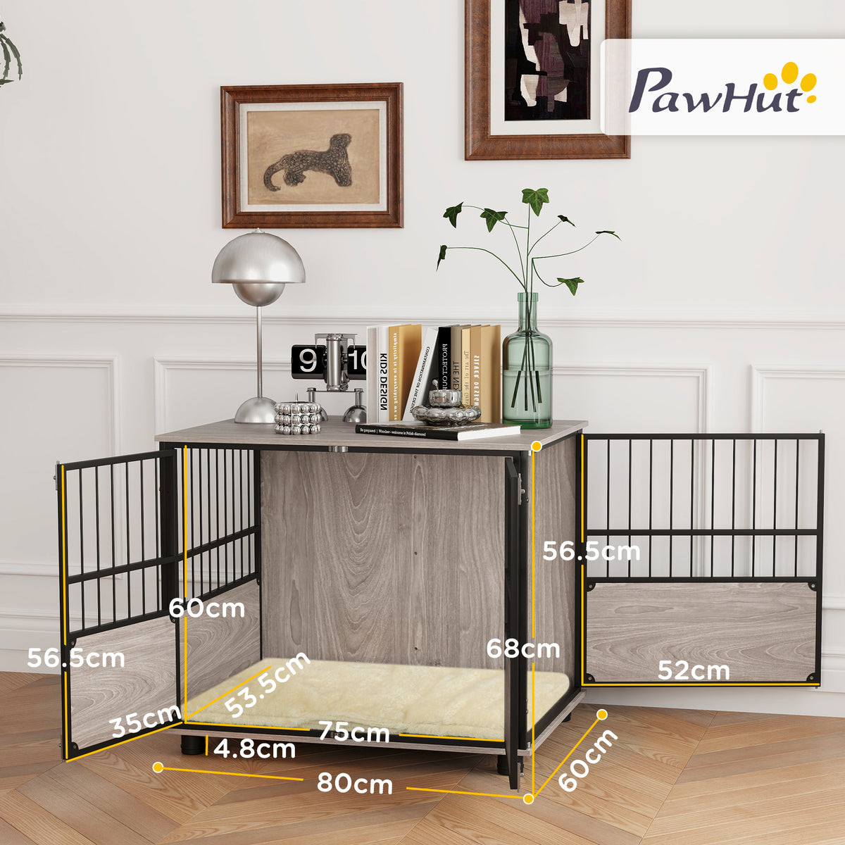 80cm Furniture Style Dog Crate with 3 Doors and Washable Cushion for Medium Dogs - Walnut Wood Finish