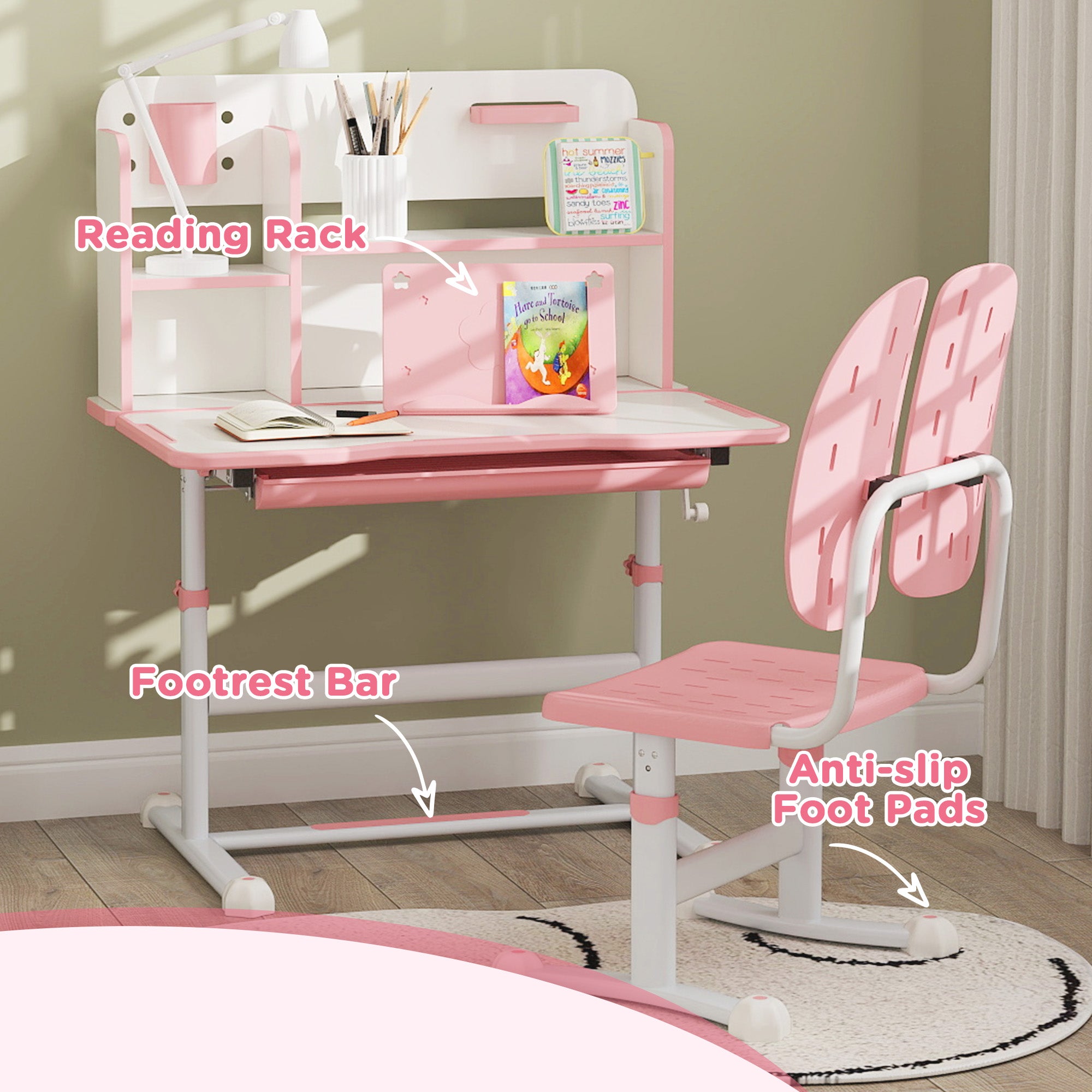 Height Adjustable Kids Desk and Chair Set, Children School Study Desk with Tiltable Desktop, Reading Rack, Pink