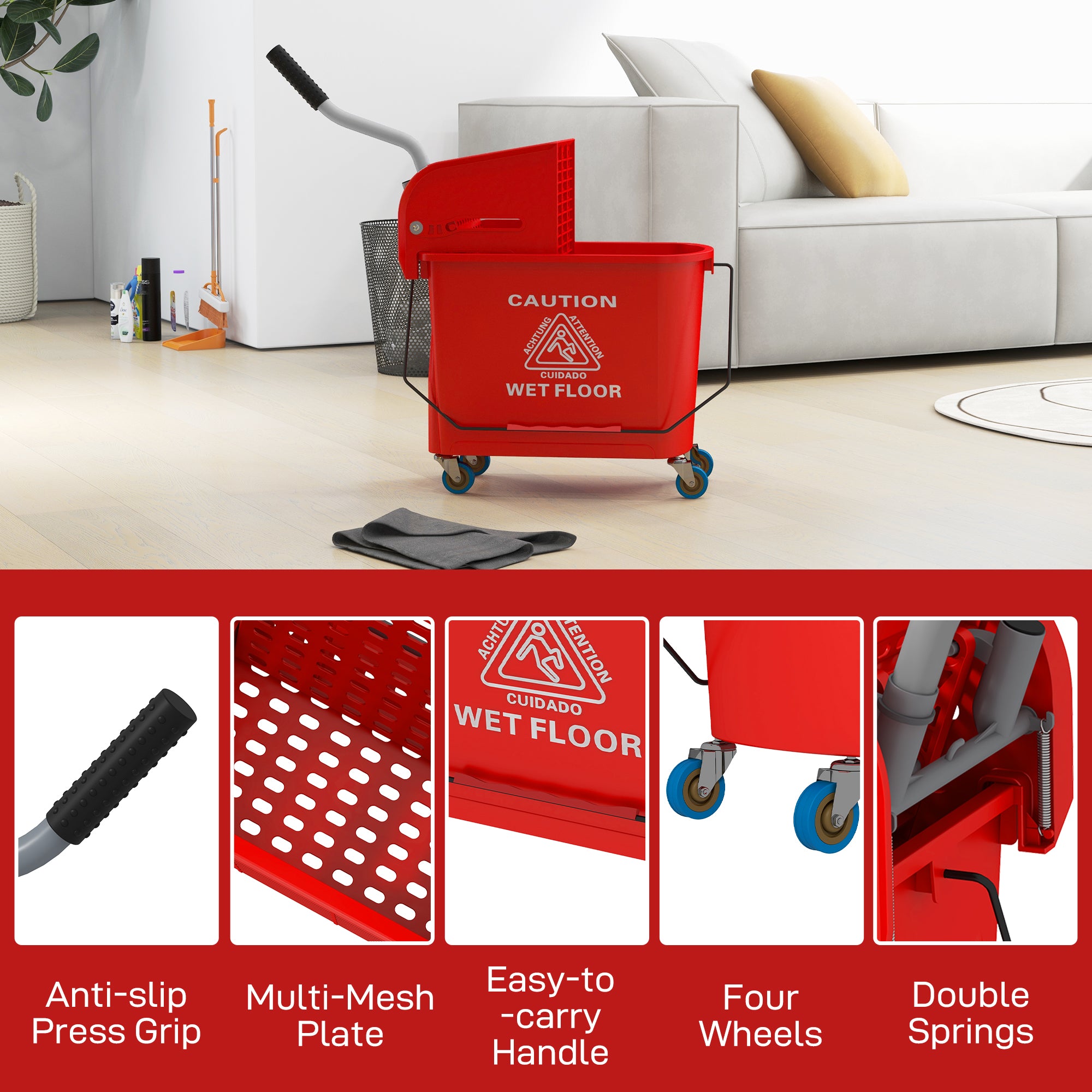 20L Mop Bucket with Water Separation Panel and Wheels - Red