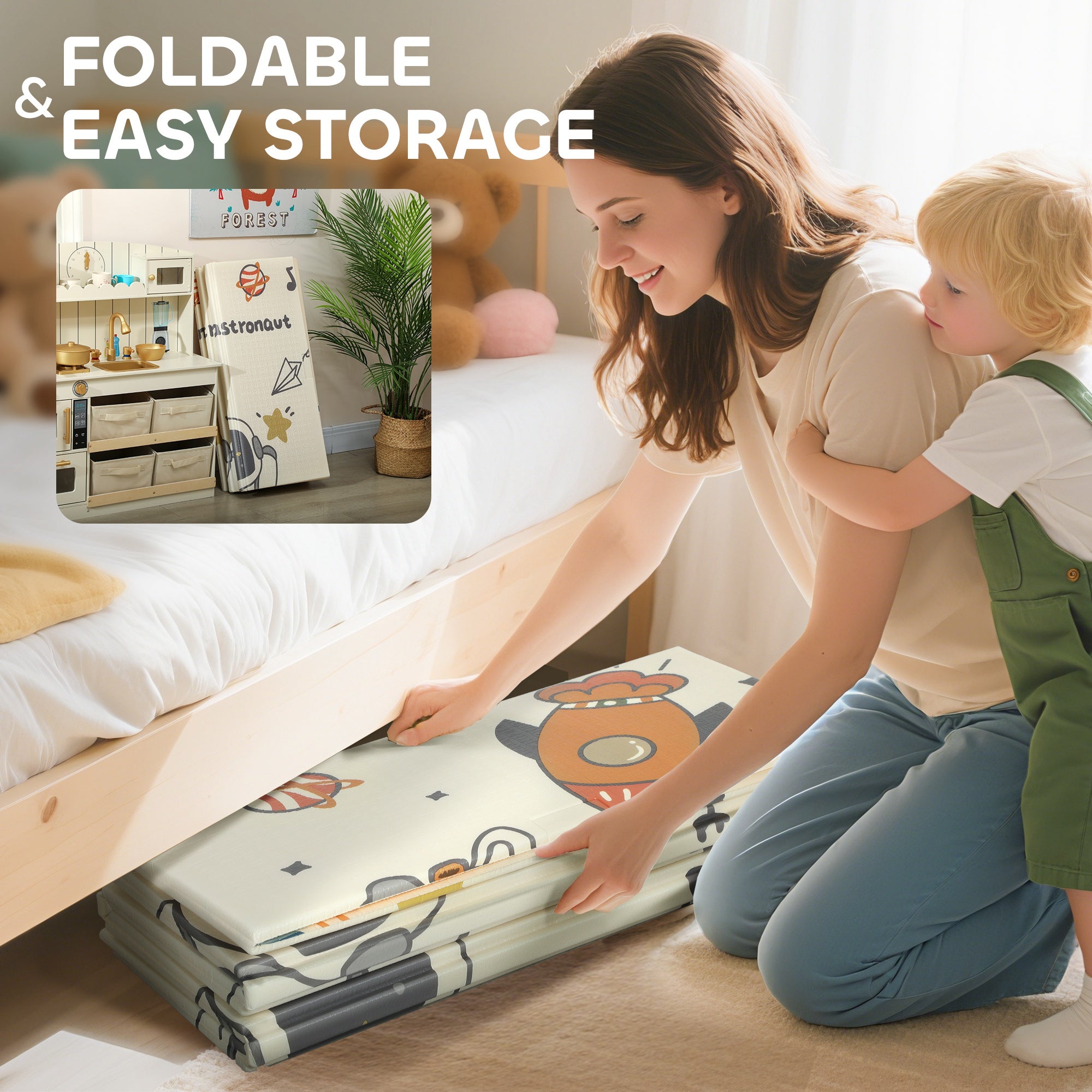 Baby Play Mat, Double Sideded Foldable Kids Crawling Mat, Reversible & Waterproof, Astronaut and Planet