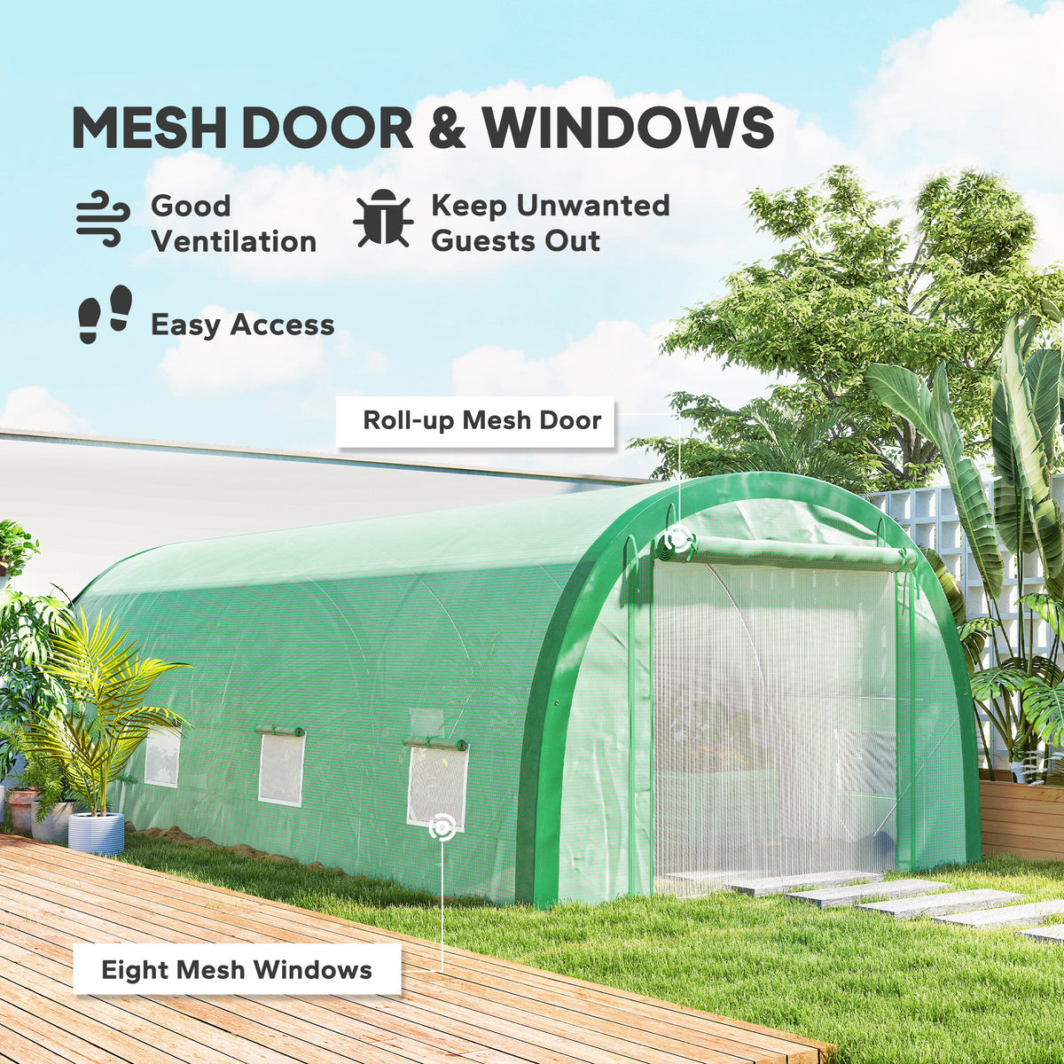 6 x 3(m) Polytunnel Greenhouse with Upgraded Structure, Mesh Door and Windows, 15 Plant Labels, Green