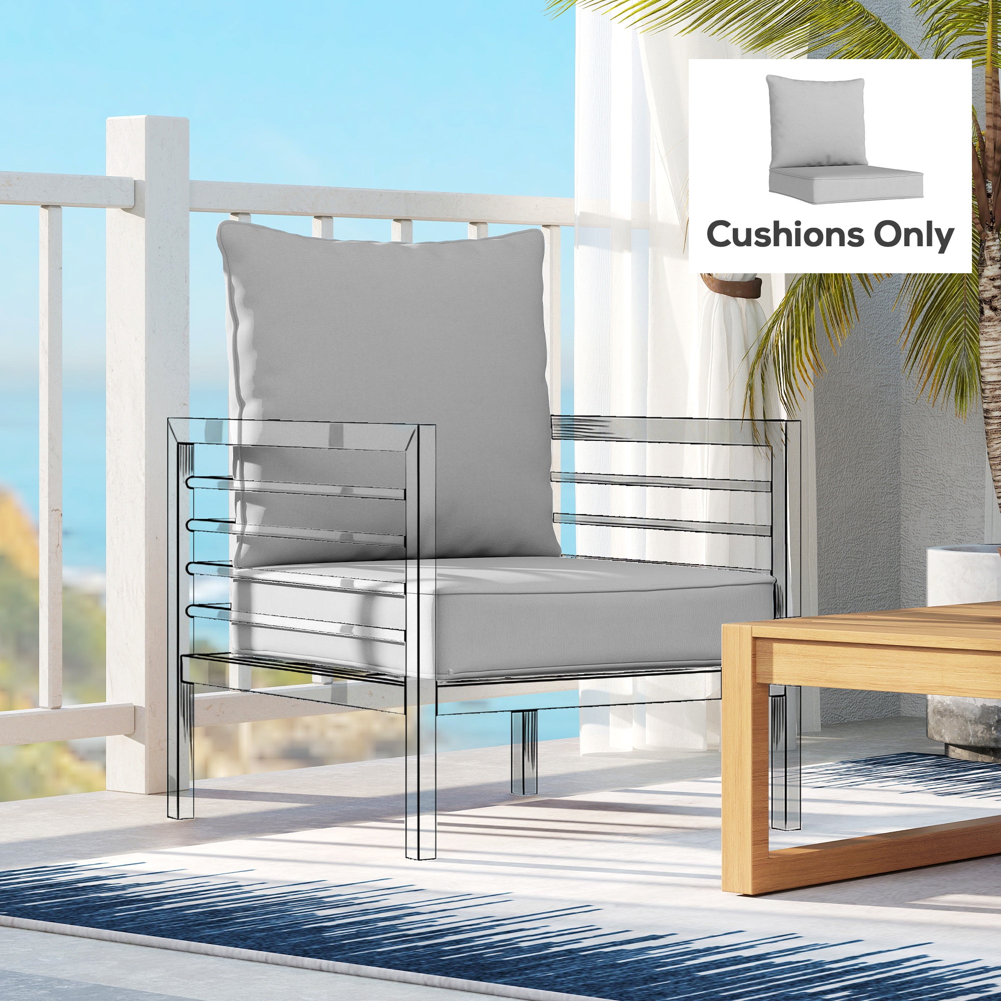 Outdoor Seat and Back Cushion Set, 63L x 55W x 15Dcm Patio Deep Seating Chair Fade Resistant Replacement Cushion, Light Grey