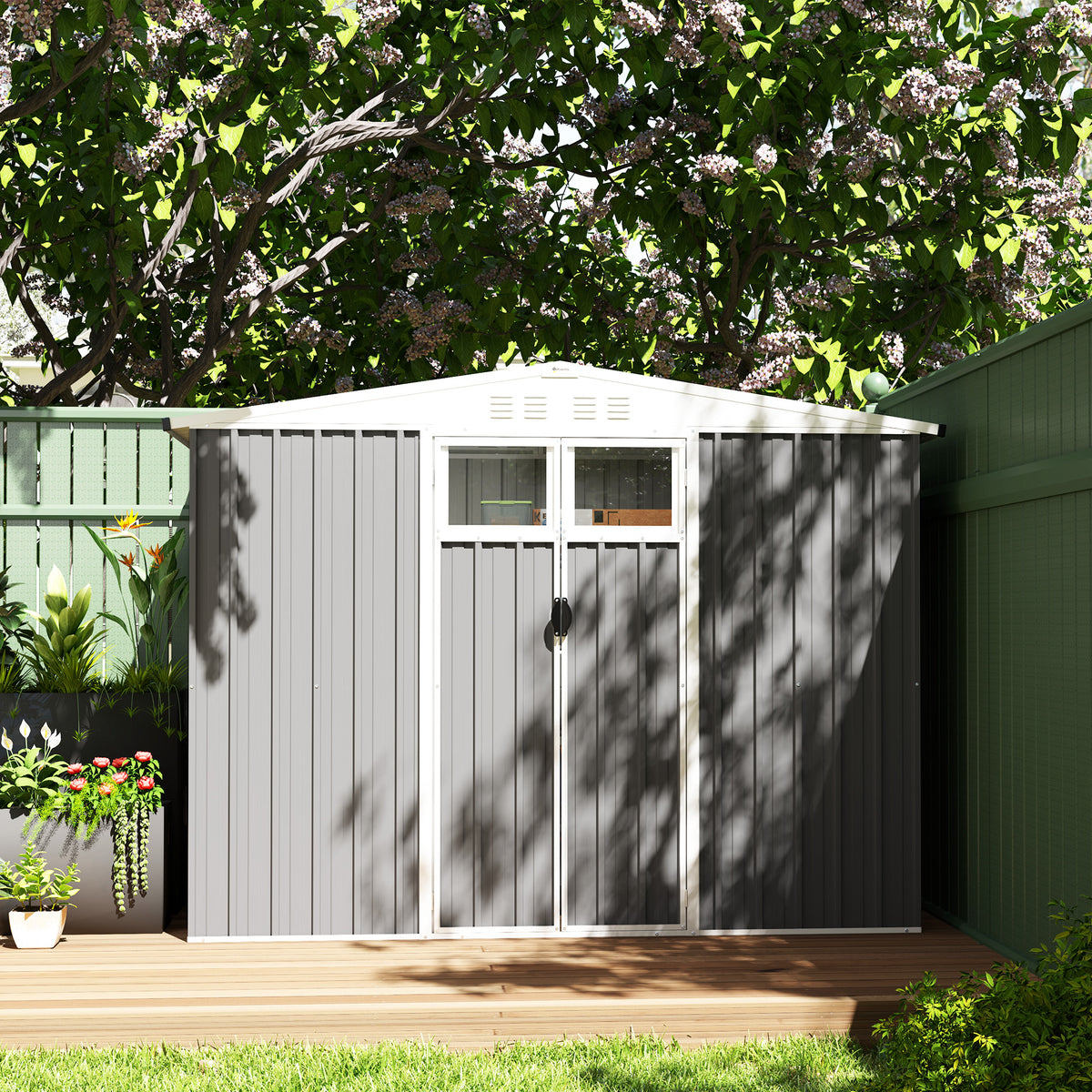 8x4 ft Metal Garden Storage Shed with Window and Lockable Door - Light Grey
