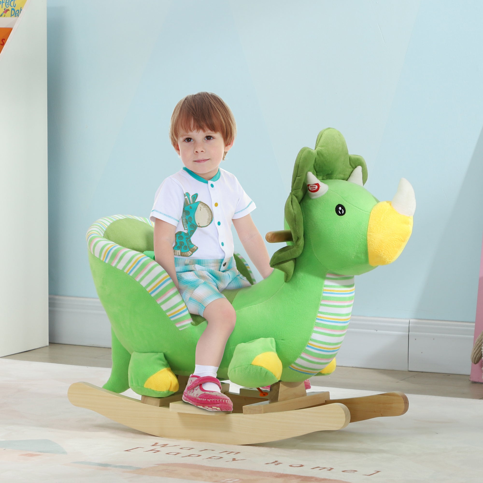 Baby Rocking Dinosaur with Animal Sounds, Safety Belt, Wooden Base, for Toddlers 18-36 Months, Green