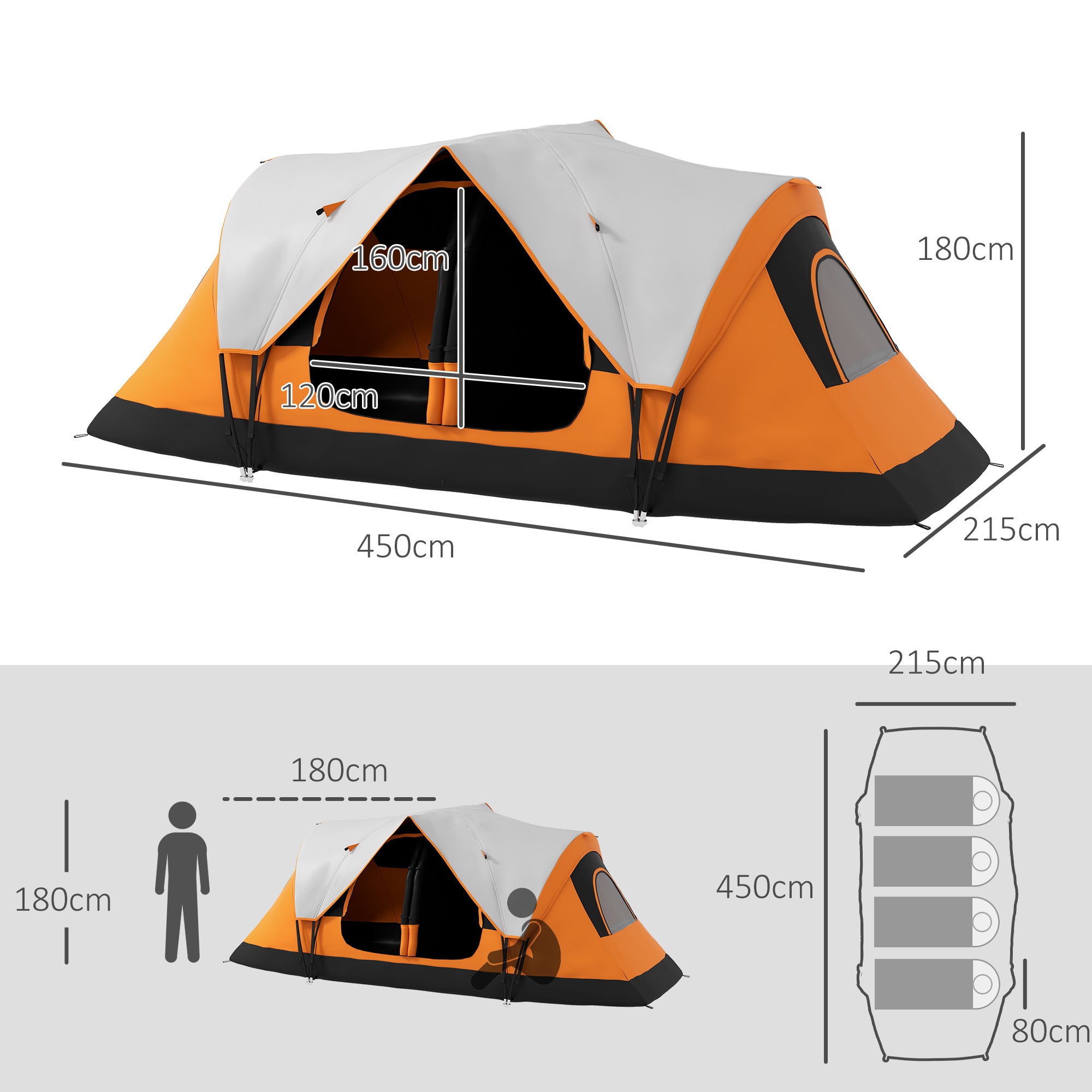 Six-Man Camping Tent with Two Rooms and Rainfly – Orange