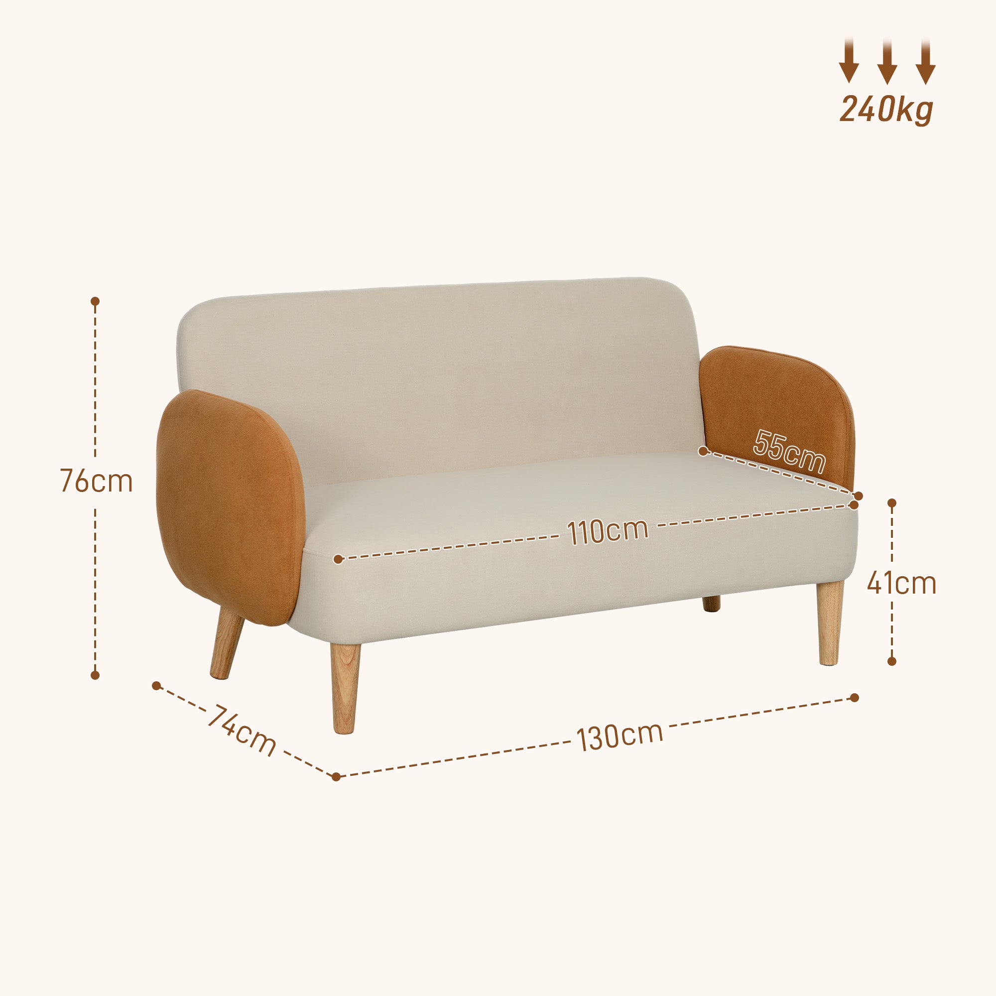 Two-Seater Velvet-Feel Mid Century Sofa - Cream/Orange