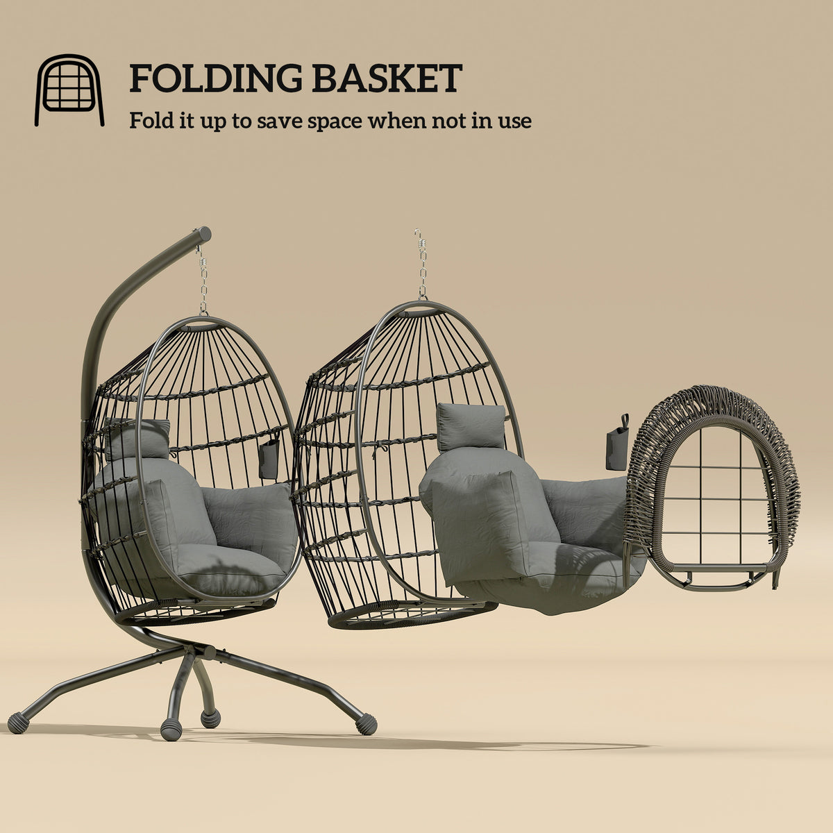 Hanging Egg Swing Chair with Folding Basket, Cushion, Headrest & Cup Holder for Indoor Outdoor Patio Garden - Dark Grey