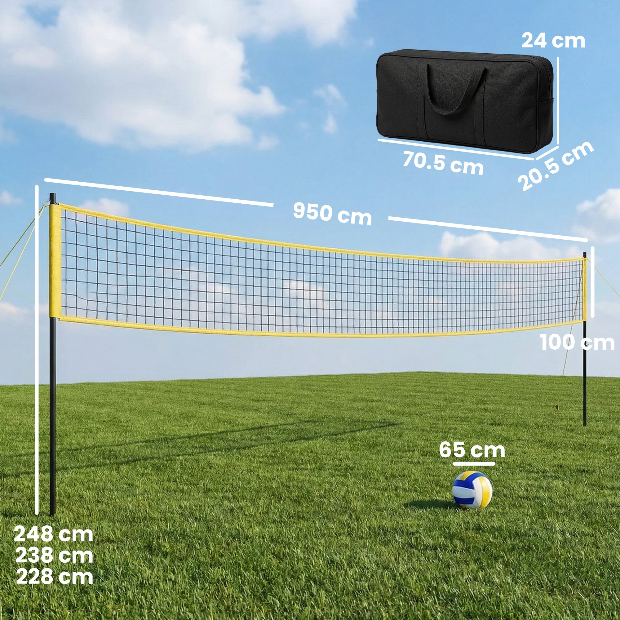 Portable Volleyball Net Set with Adjustable Height Steel Poles, Volleyball, Boundary Line and Carrying Bag for Beach