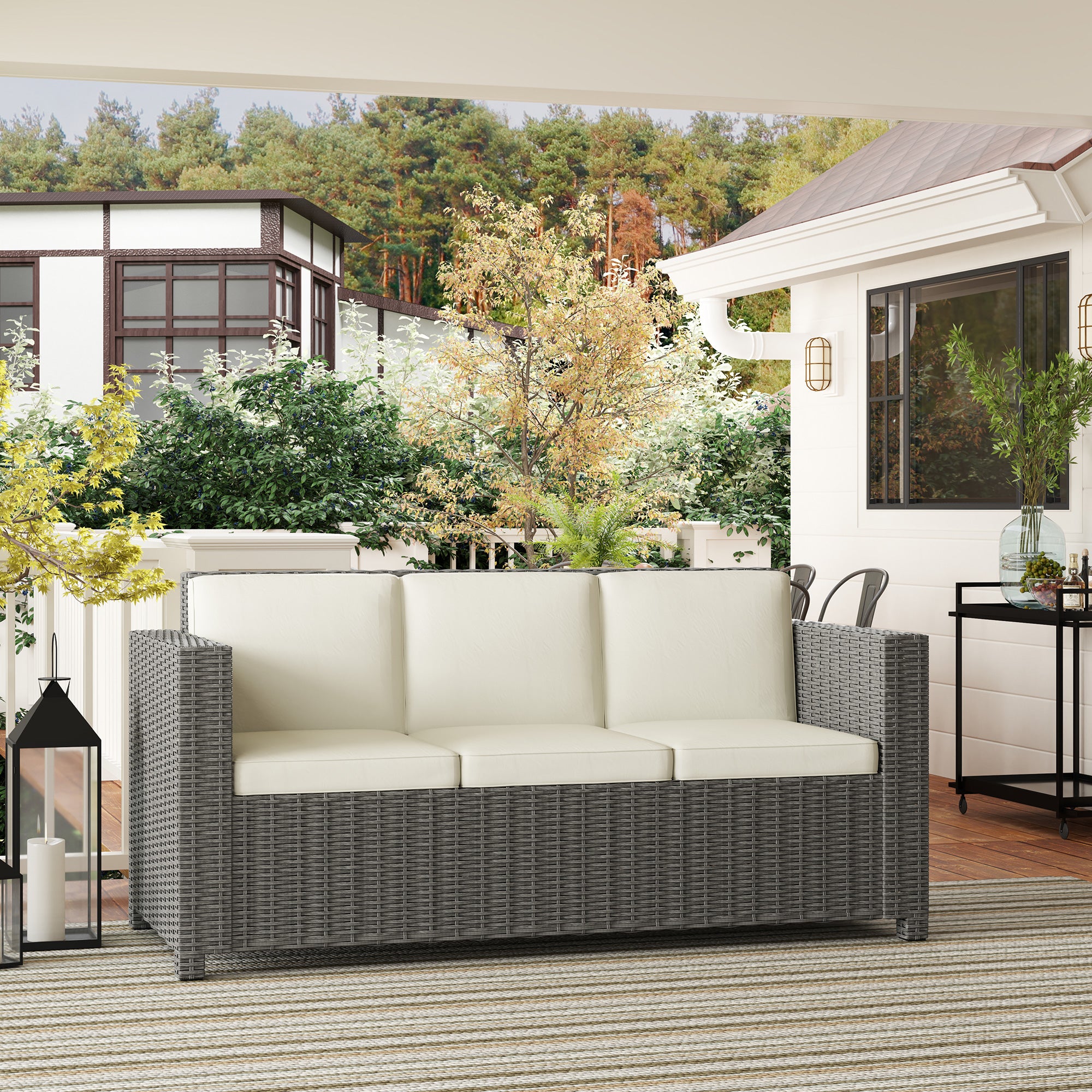 3 Seater Rattan Sofa with Fire Resistant Cushions Cream