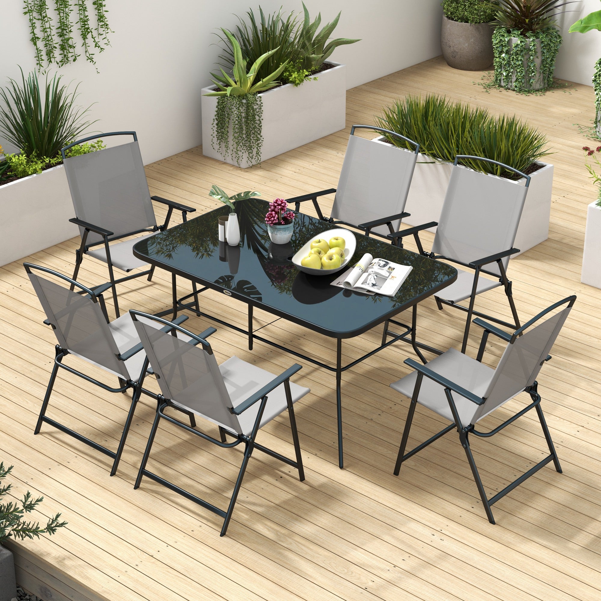 Seven-Piece Garden Dining Set, with Glass-Top Table and Folding Chairs - Grey