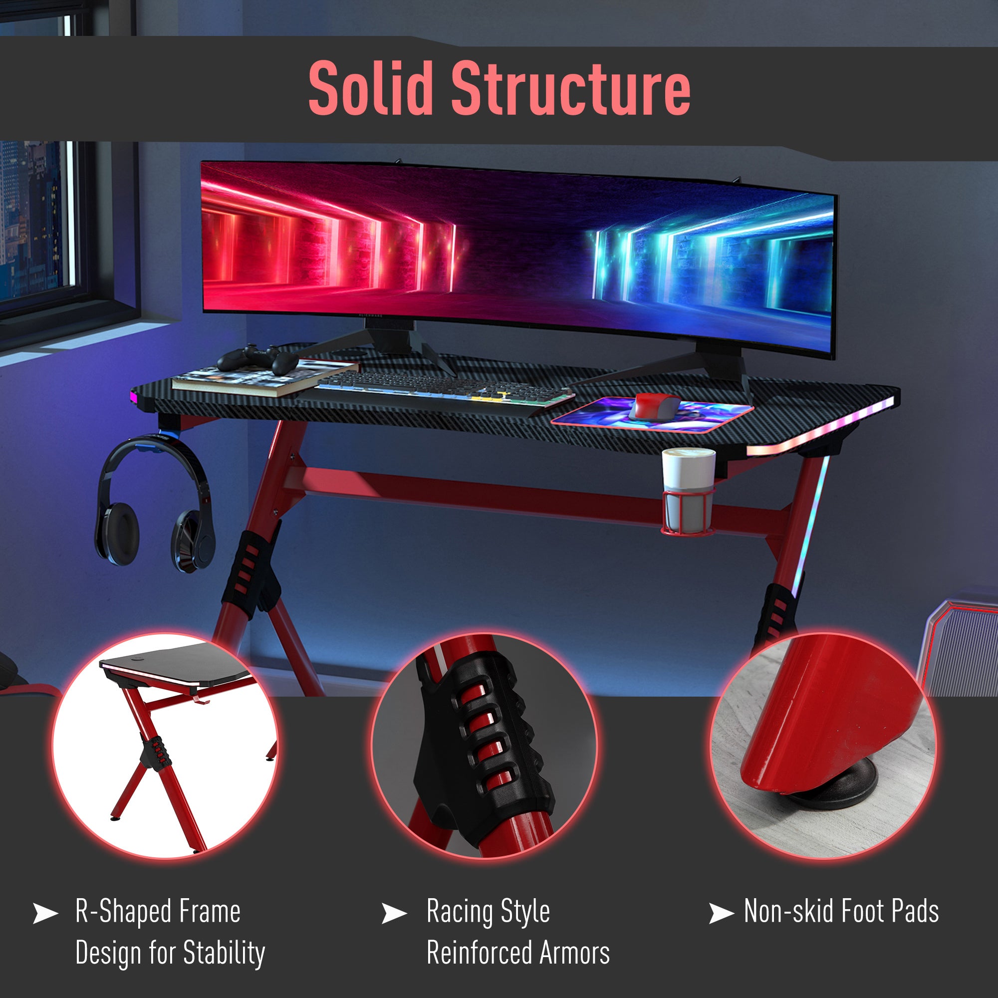 Gaming Desk with RGB LED Lights, Racing Style Computer Table with Carbon Fibre Surface, Cup Holder, Cable Management, Red