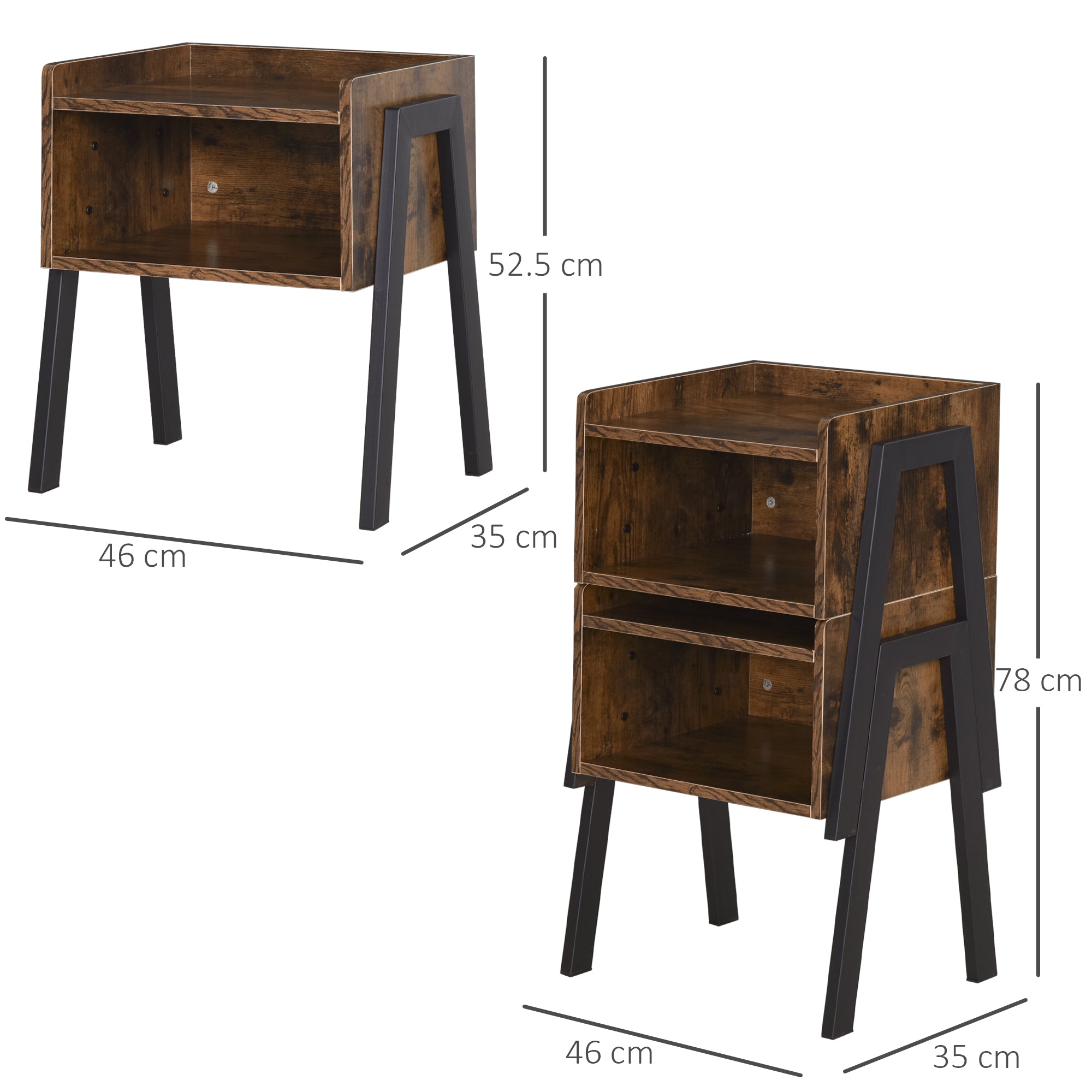 Bedside Table Set of 2 Industrial Nightstand Stackable End Table with Open Front Storage Compartment Retro Furniture with Metal Legs Rustic Brown