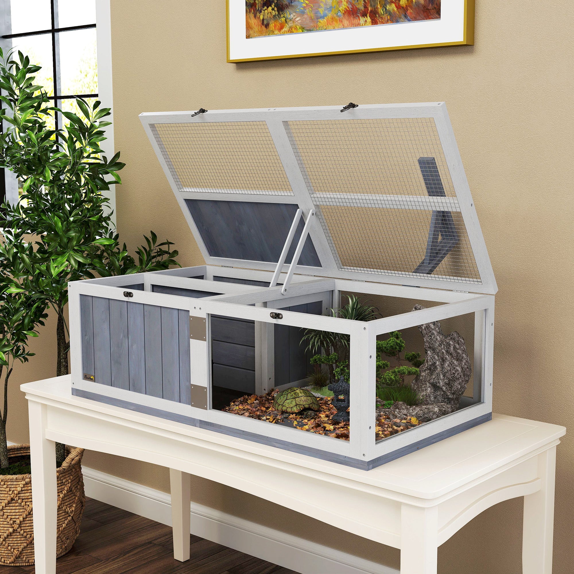 Wooden Tortoise House with Lamp Holder, Observation Window & Openable Tops - Light Grey