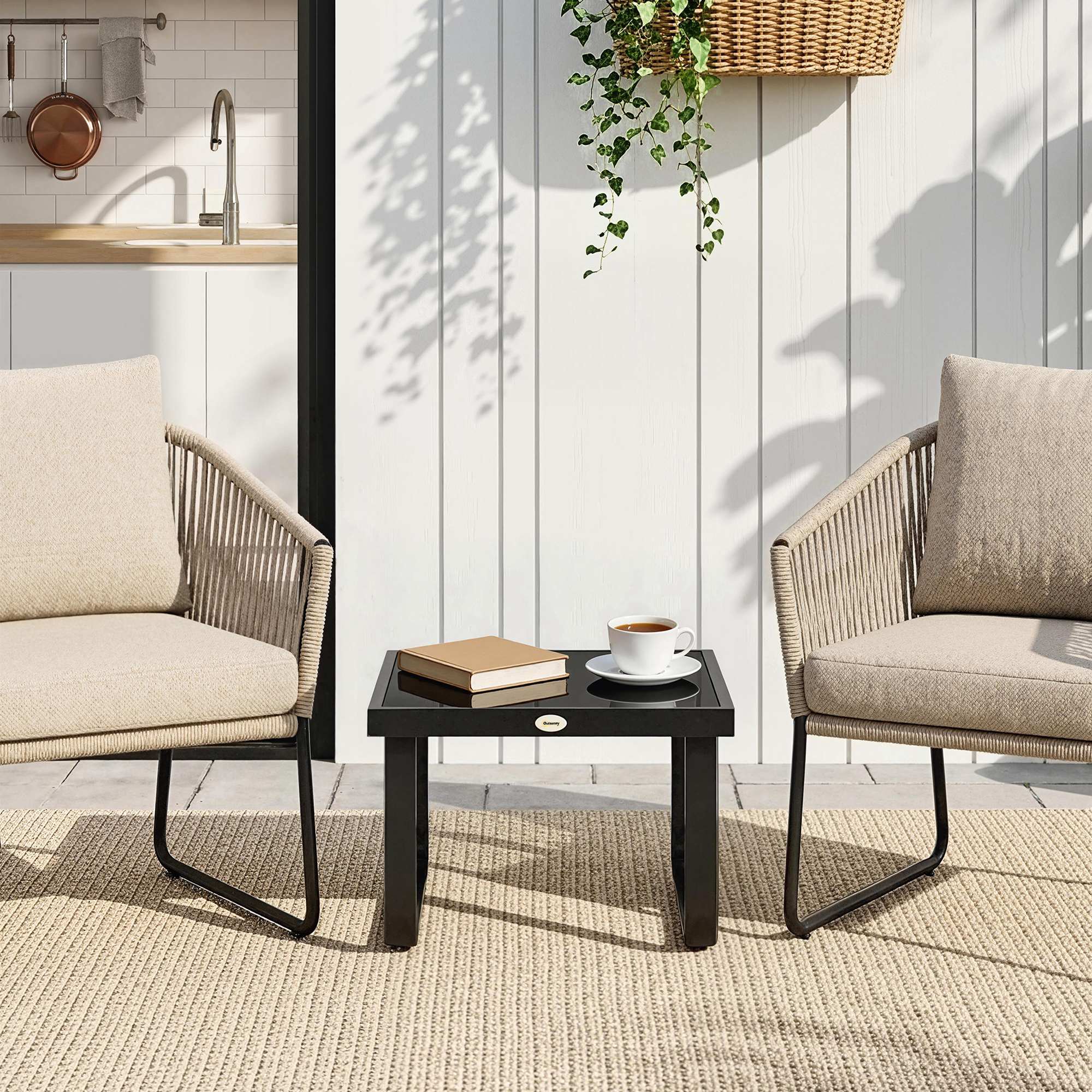 Outdoor Garden Coffee Table, Rectangle Metal Side Table with Tempered Glass Tabletop, Adjustable Foot Pads