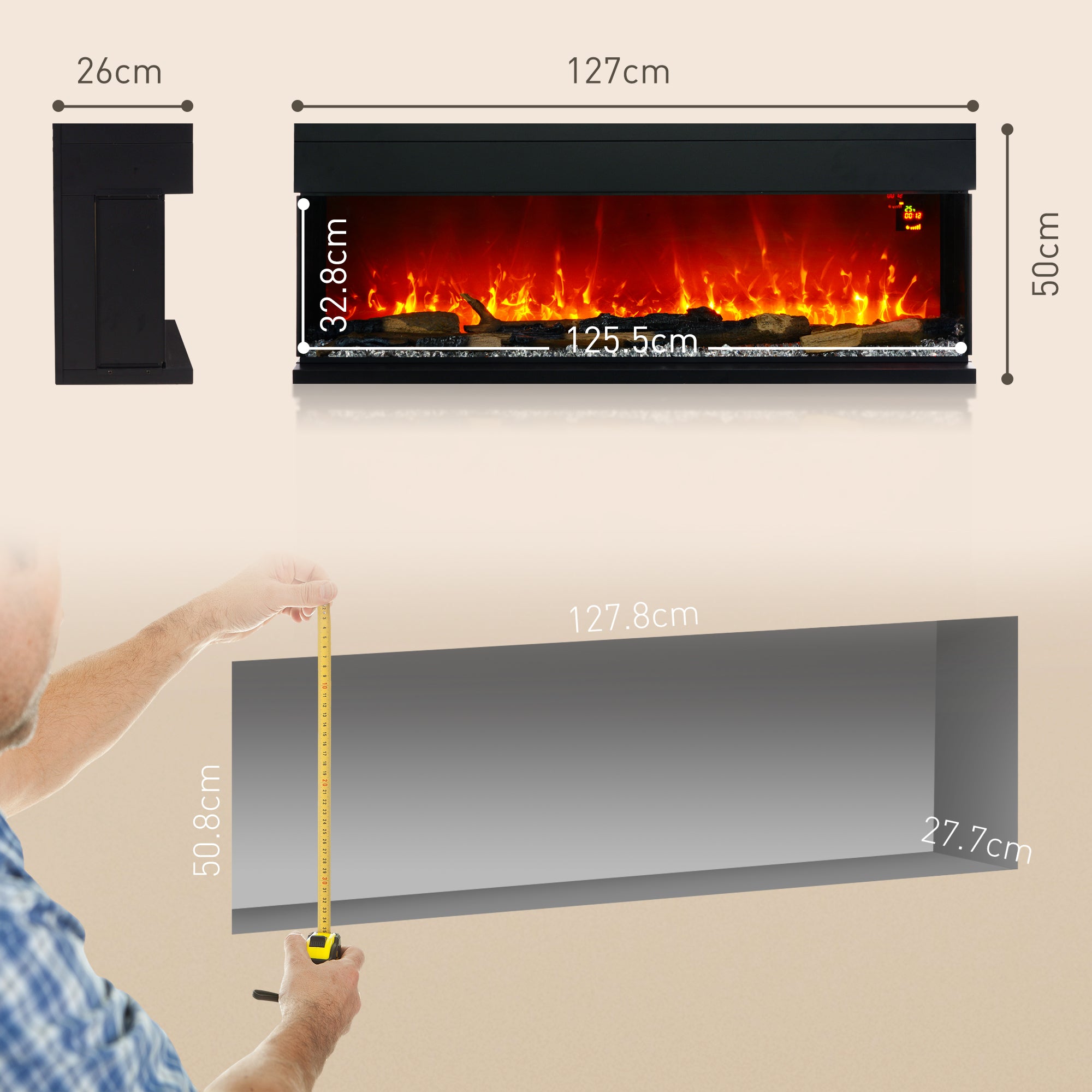 1800W 15-40? Adjustable Flame Glass Panel Convector Heater, 127cm