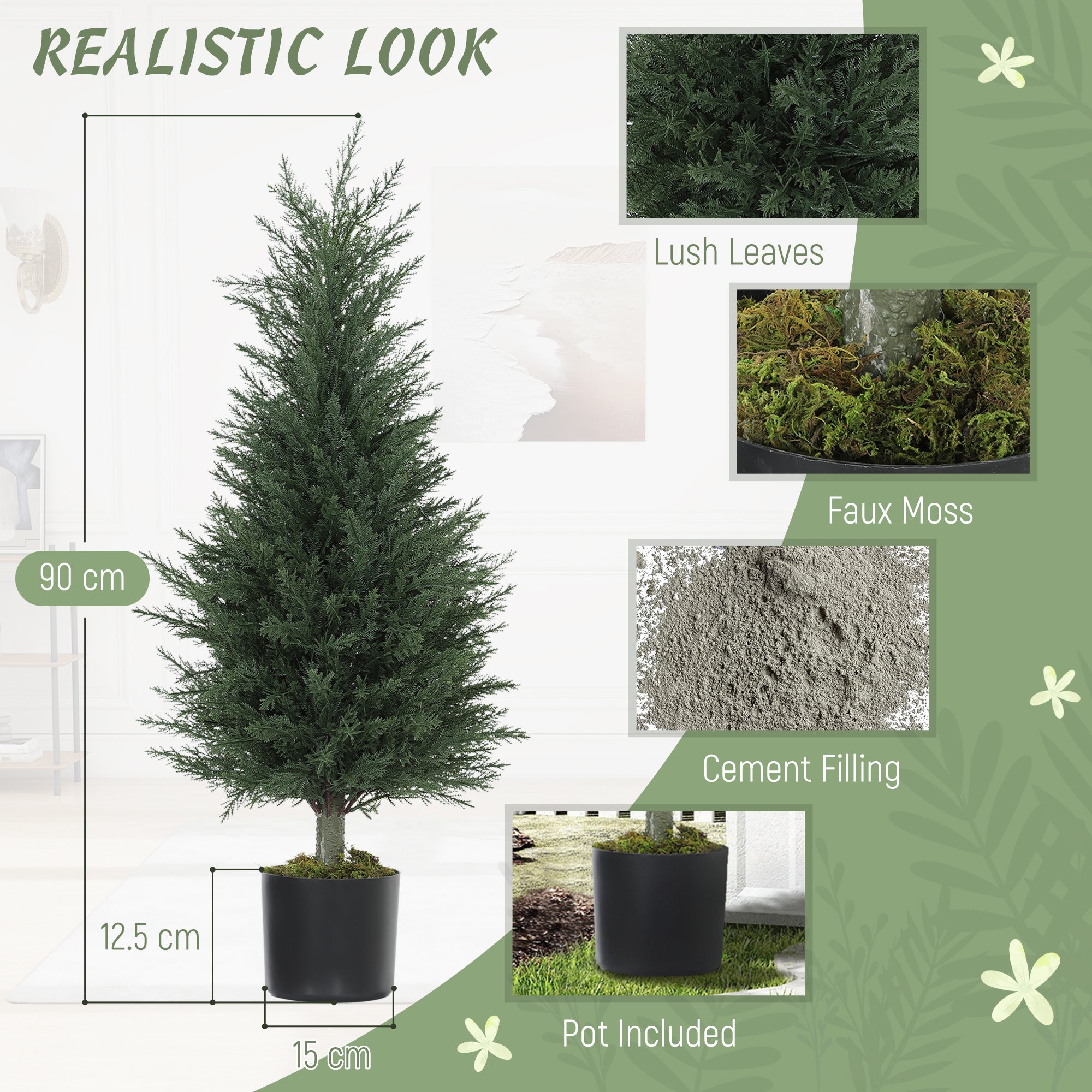 Artificial Cypress Tree, 90 cm Fake Cypress Tree with Plastic Pots, UV-Resistant Faux Plants for Garden Front Porch Decoration, 2 Pack
