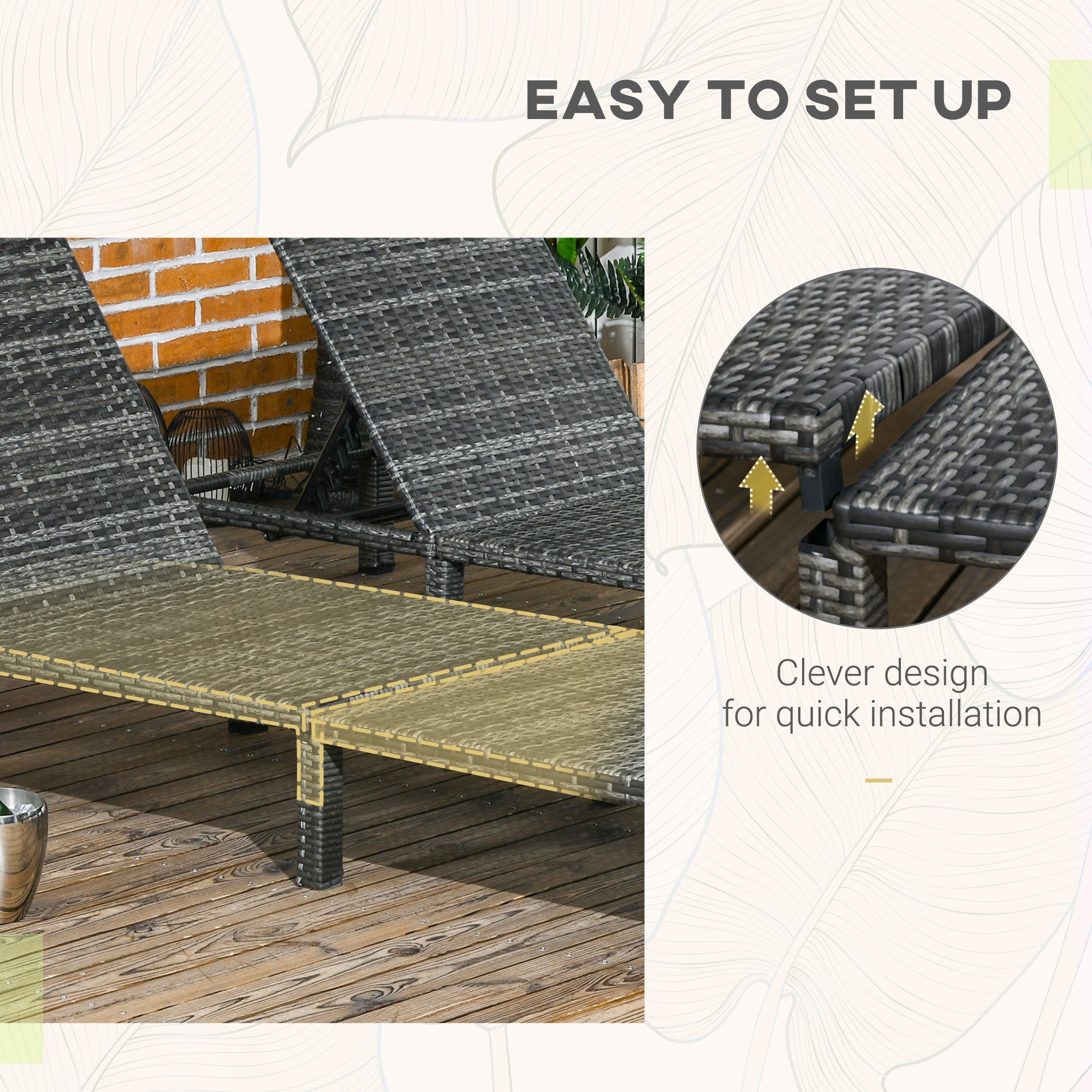 Set of Two Reclining Rattan Sun Loungers, with Cushions - Grey