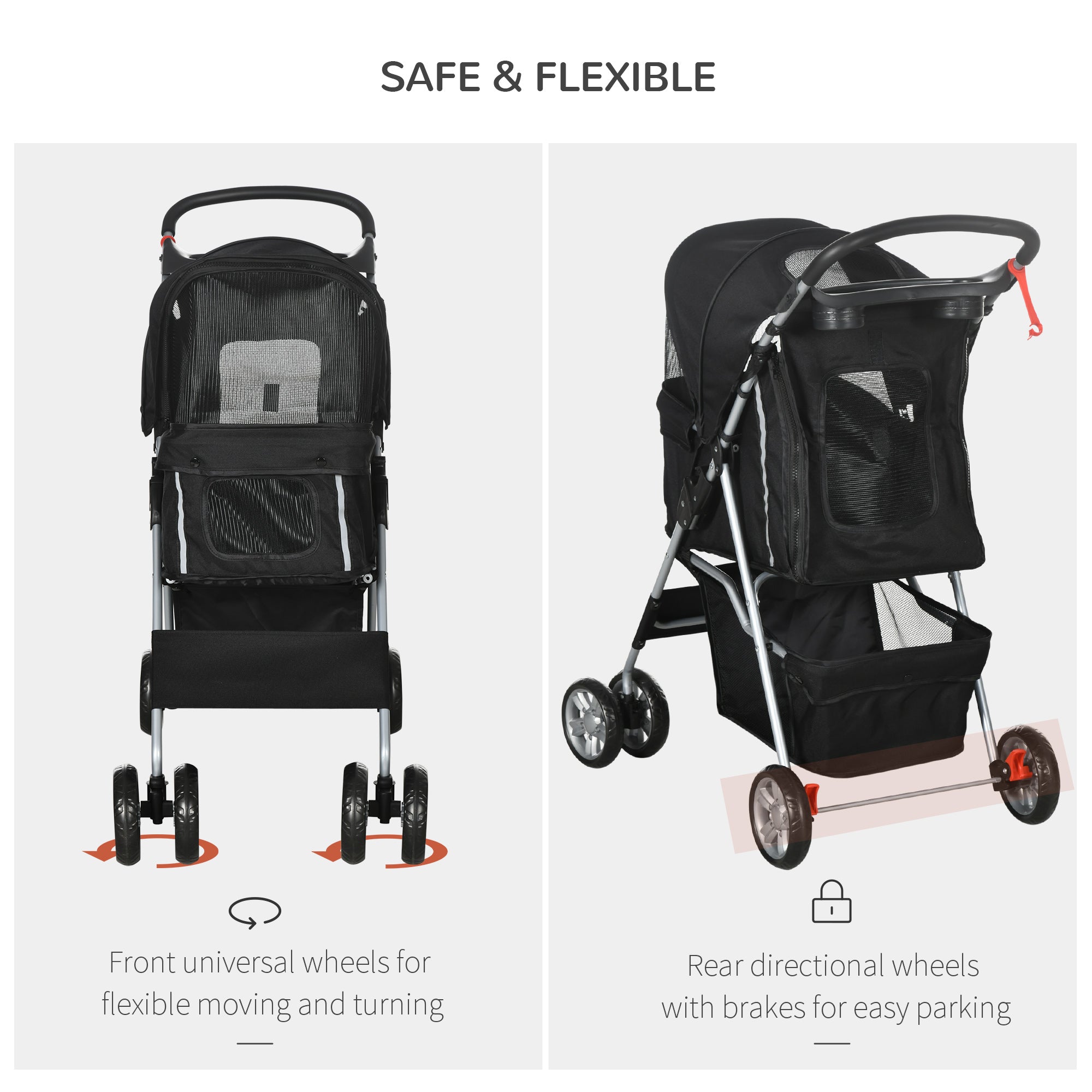 Pet Travel Stroller with Rain Cover, 4 Wheels Foldable Travel Carriage with Wheels Zipper Entry Cup Holder Storage Basket Black