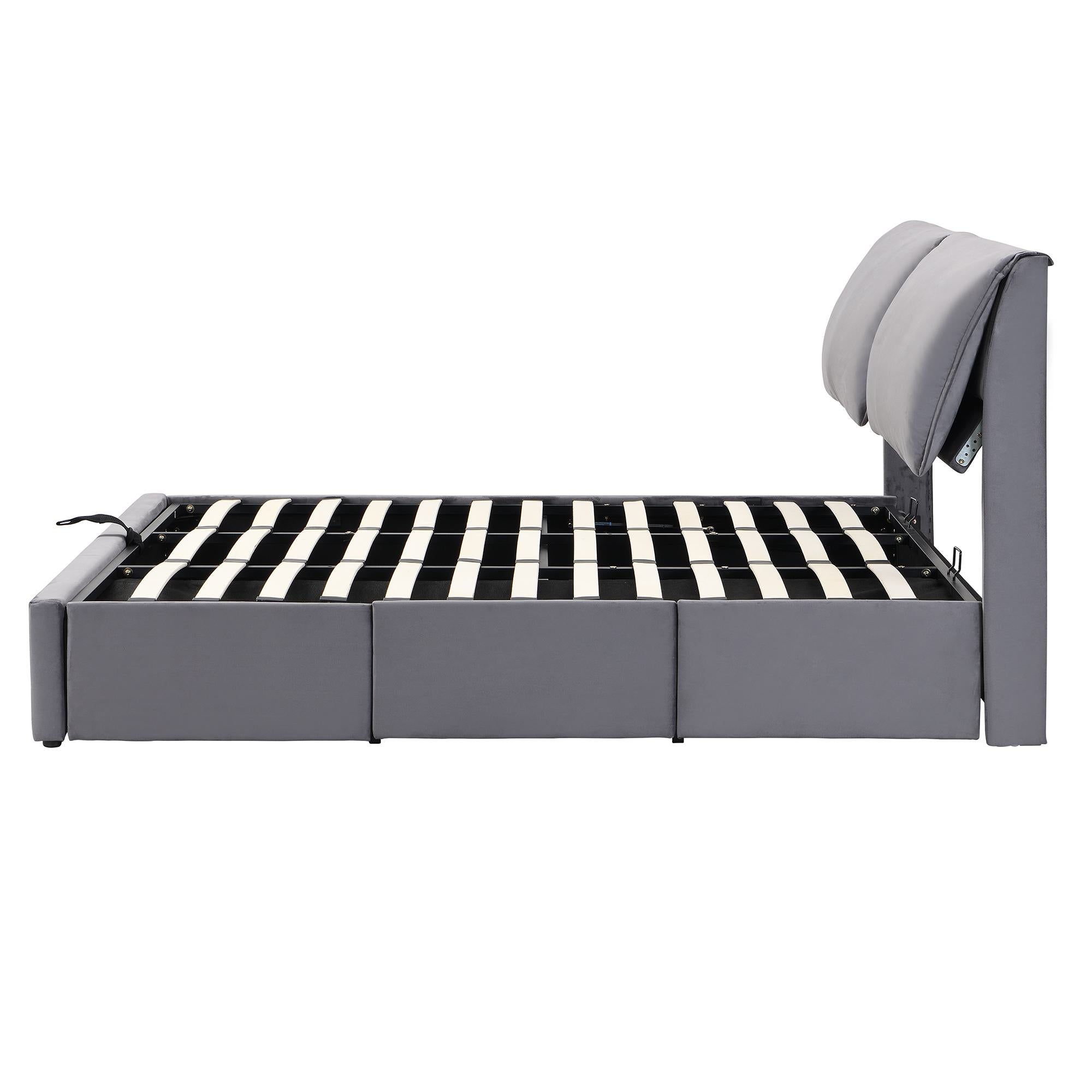 King Size Upholstered Bed with Hydraulic Storage and 3 Drawers - Grey Velvet