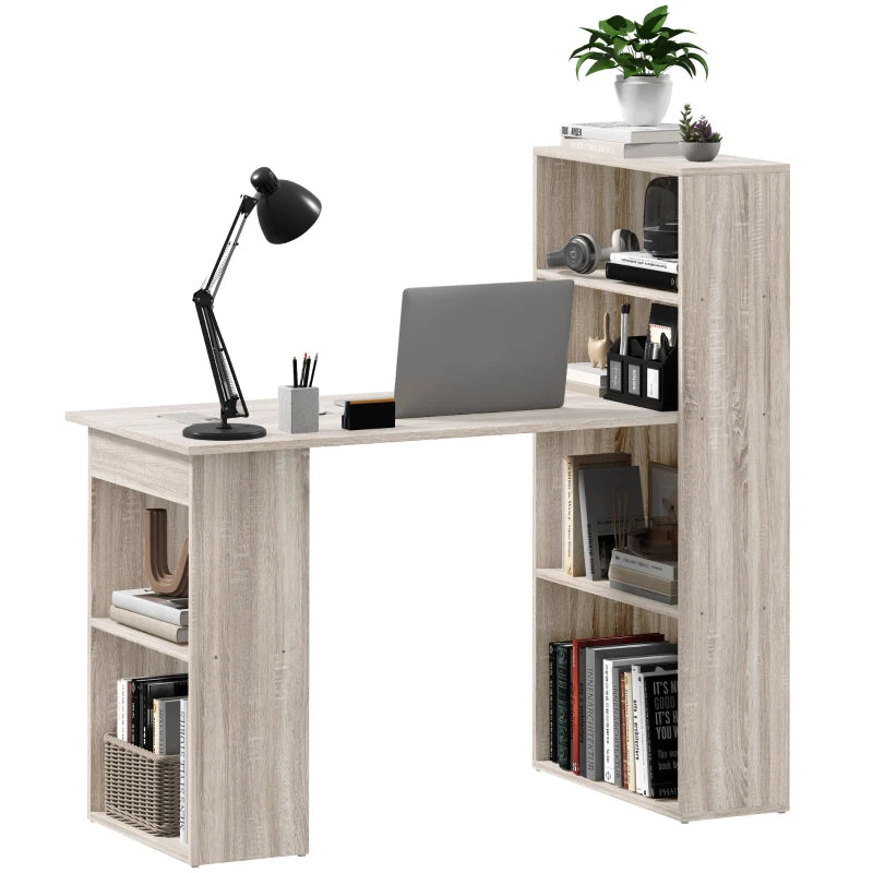 120cm Modern Computer Desk Bookshelf Study Table Workstation PC Laptop Writing Home Office 6 Shelves, Grey Wood-Effect
