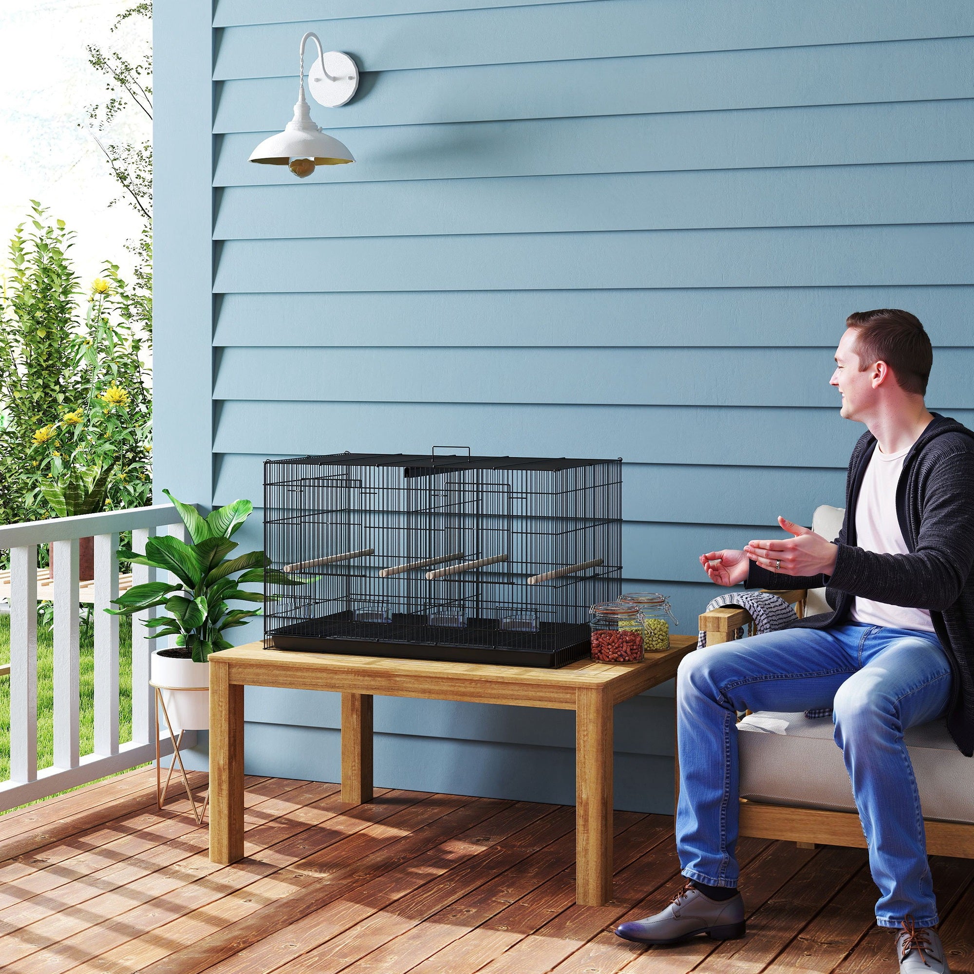 Bird Cage with Divider, 4 Perches & Feeders, Slide-Out Tray, 76x46x46cm for Budgie, Lovebird, Canary - Black