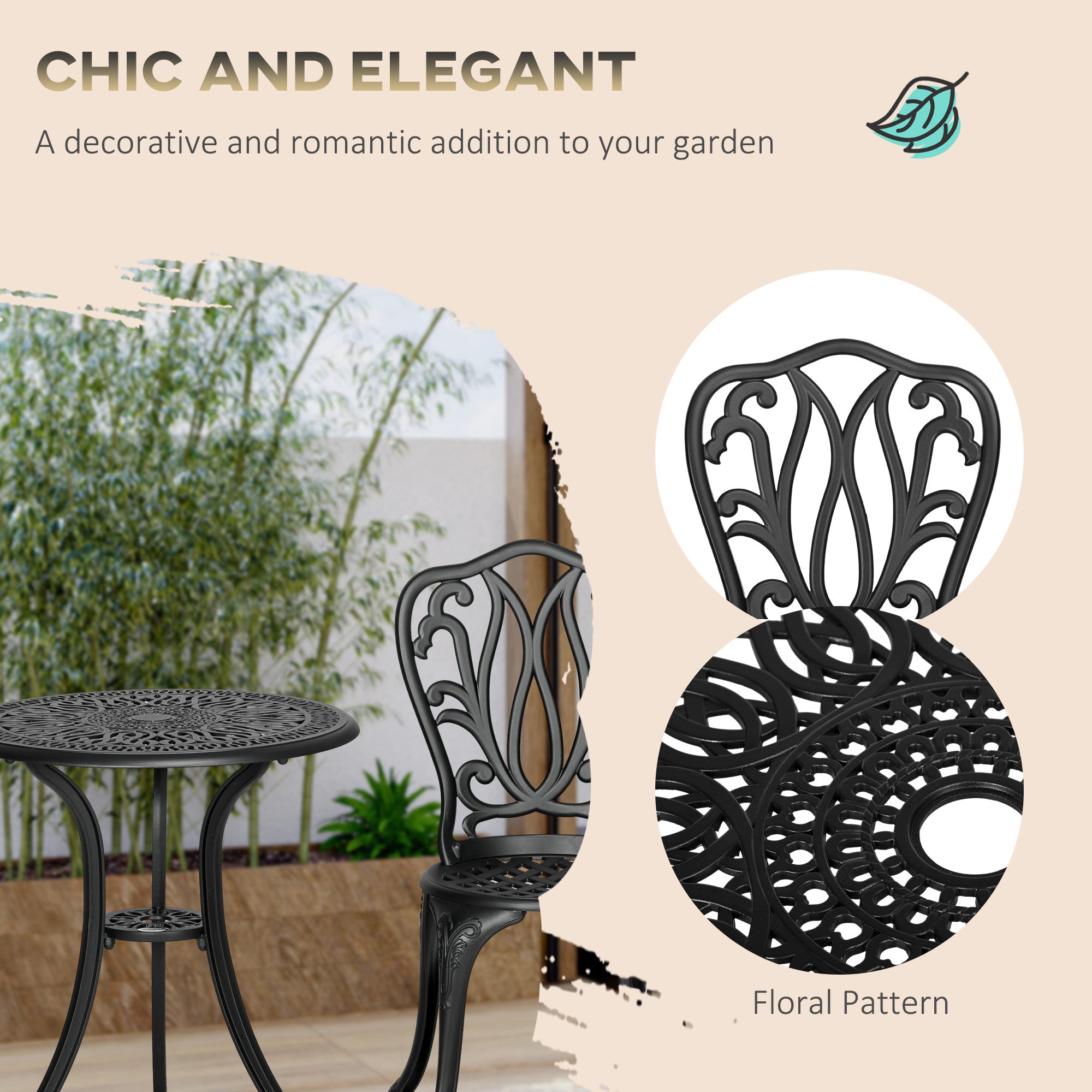 3 Piece Garden Bistro Set, Cast Aluminium Outdoor Furniture Set with Umbrella Hole for Balcony, Porch, Patio, Black