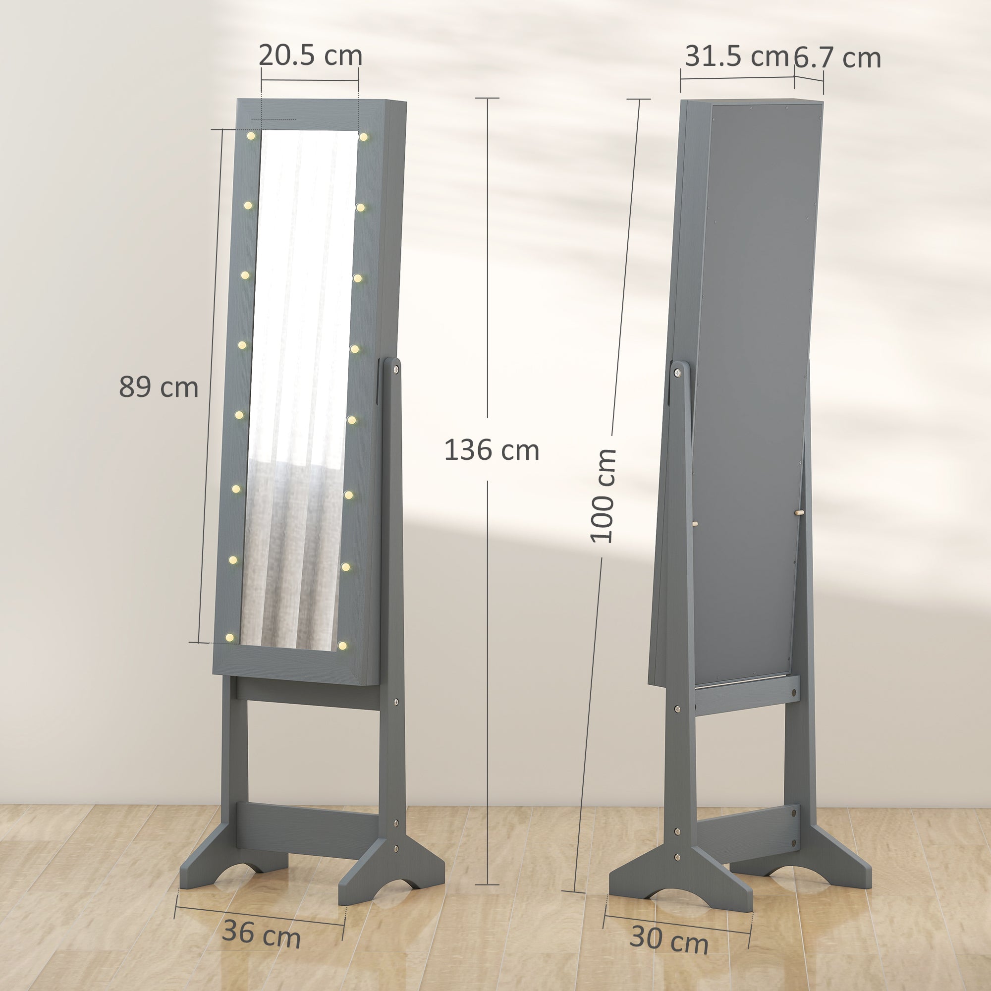 Freestanding Mirrored Jewellery Storage Cabinet - Grey