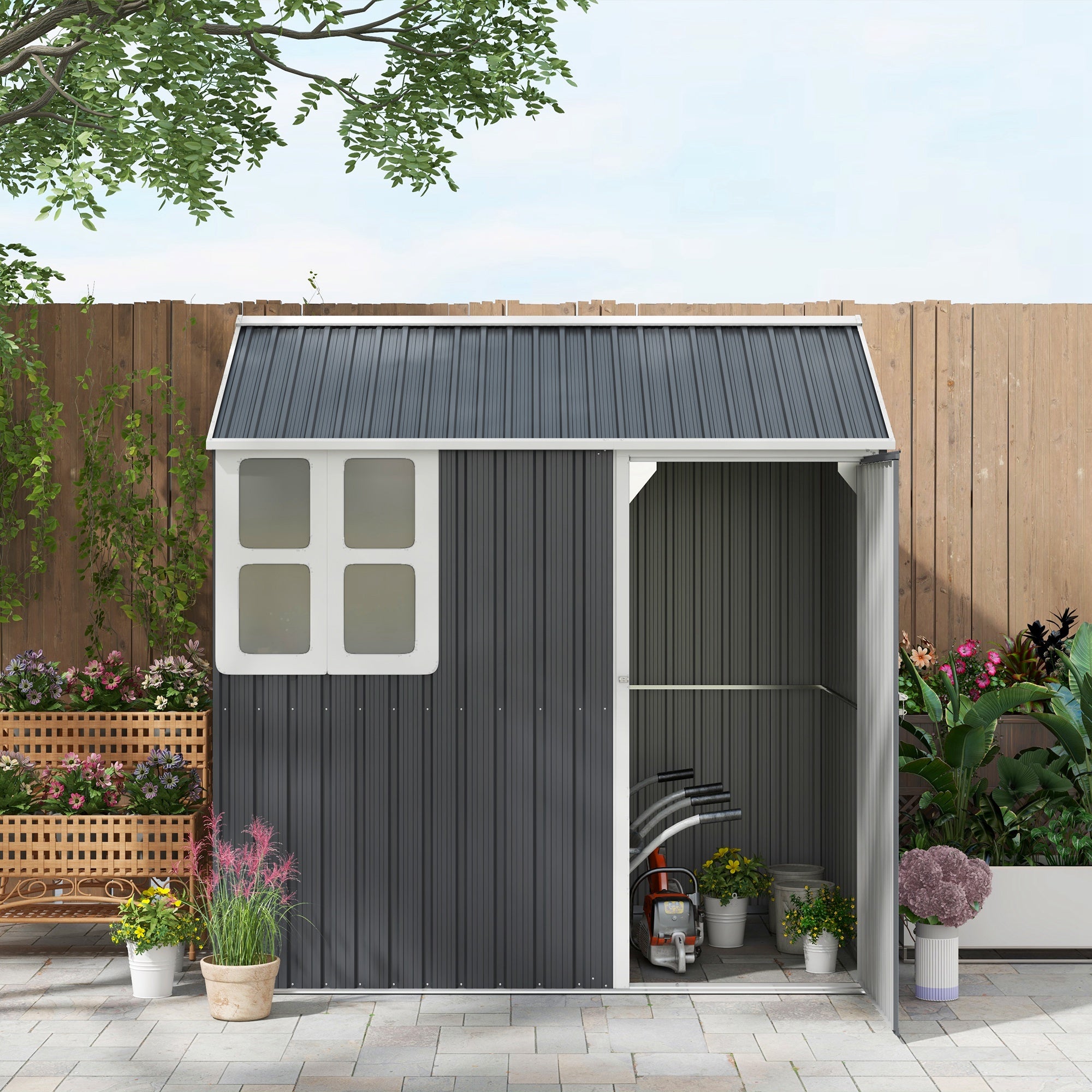 7ft x 6ft Galvanised Metal Garden Shed with Window - Dark Grey