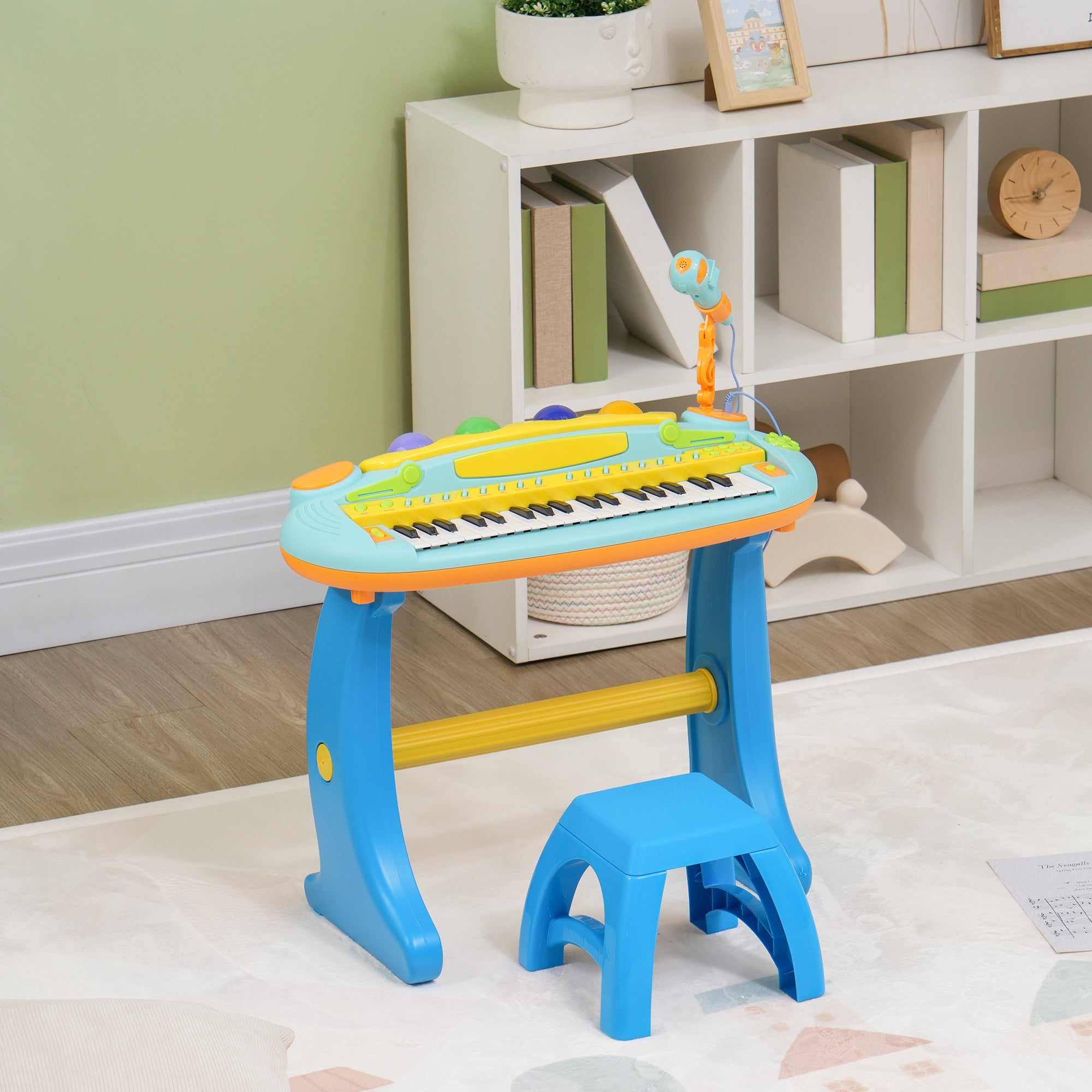 37-Key Kids Piano w/ Microphone, Stool, LED Lights, Record & Replay, Function, Blue