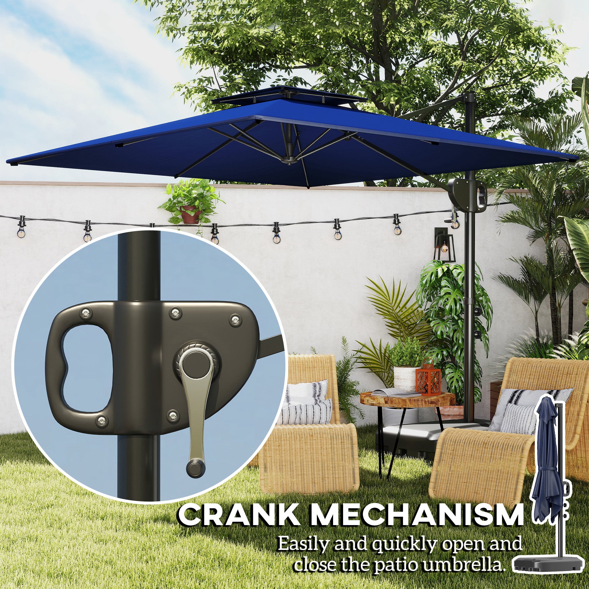 Cantilever Parasol with Weighted Base Double Top Garden Parasol Square Hanging Patio Umbrella with Crank Tilt Dark Blue