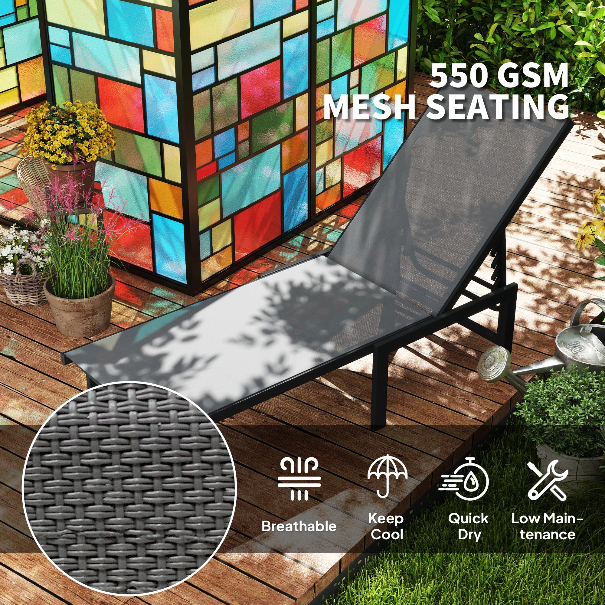 Sun Lounger for Garden, 5-Level Adjustable Reclining Sun Lounger Chair, Flat Garden Lounger Sunbed with Texteline Seat, Steel Frame for Patio, Beach, Grey