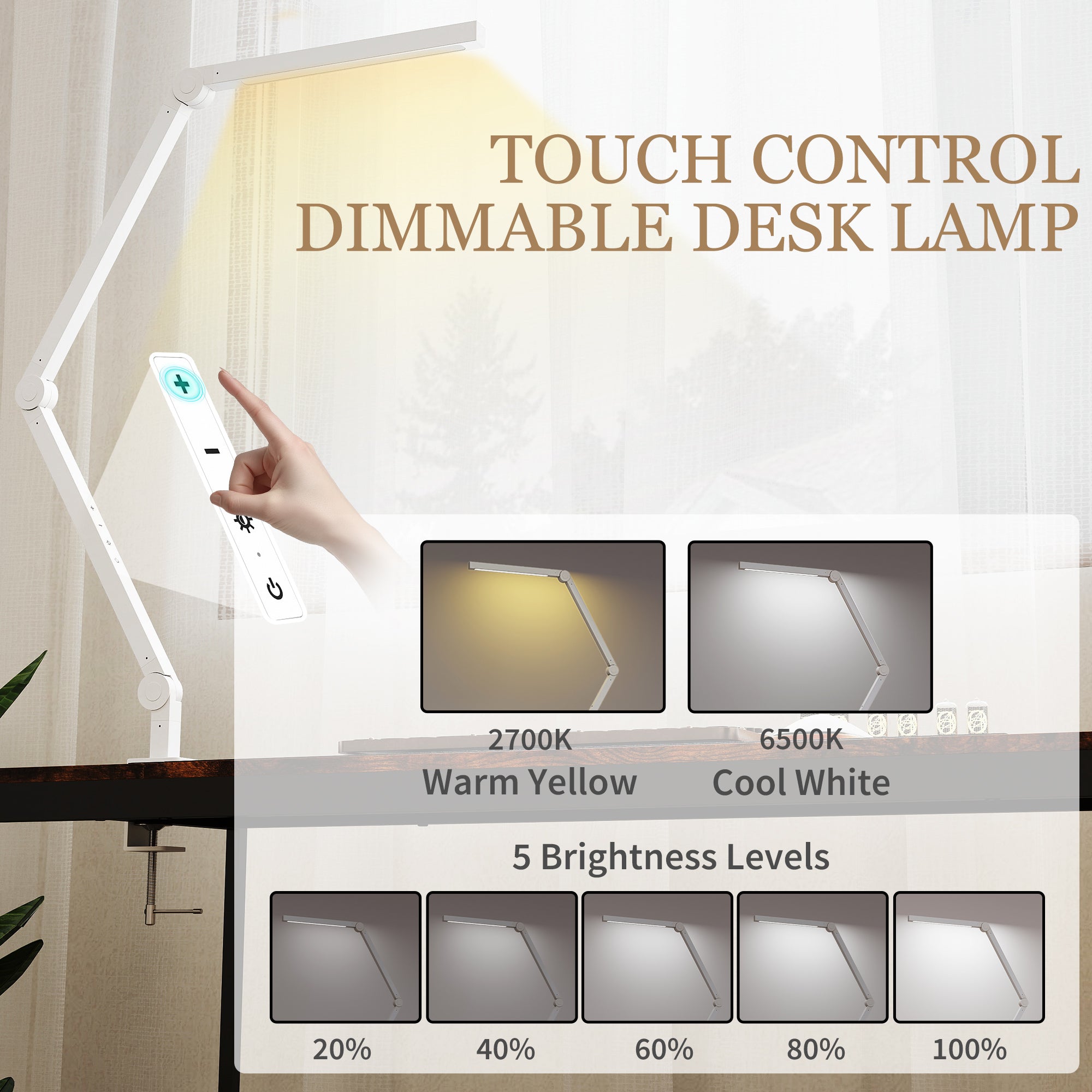 LED Desk Lamp, Dimmable Desk Light with Swing Arm and Clamp, Adjustable Eye-Caring Table Lamp with 2 Colour Modes & 5 Brightness Levels for Study, Drawing, Office, Architect, Task, White