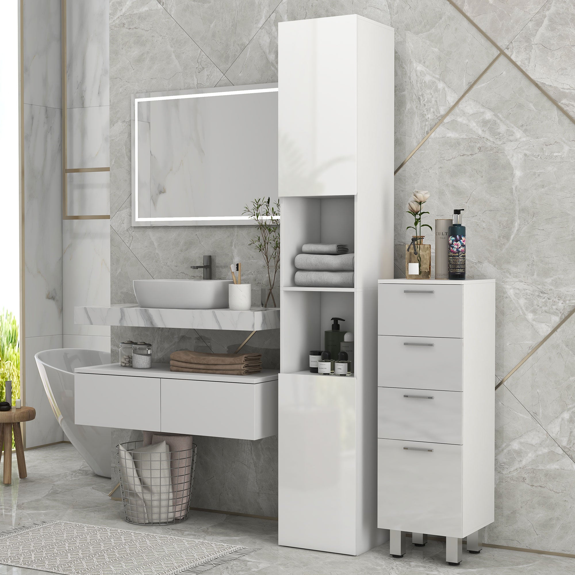 Multi-Storage Slim Bathroom Cabinet - High Gloss White