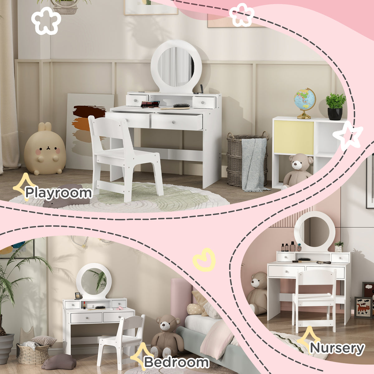 Kids Dressing Table Set Kids Make up Table with Stool and Mirror, Storage Drawers, Gift for Aged 3-8