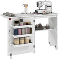 Folding Sewing Table with Drop Leaf, Storage Bins, Open Shelf & Wheels - White