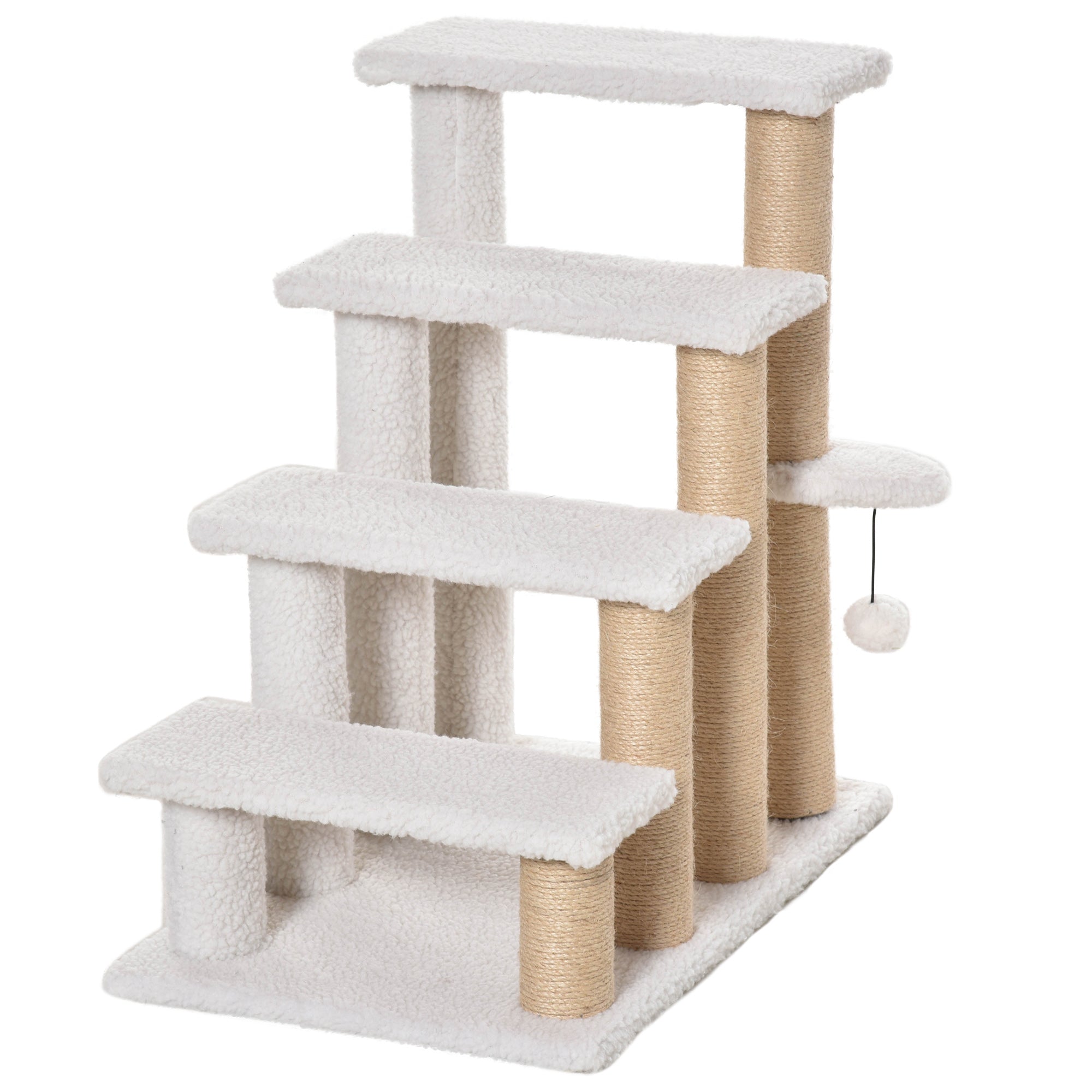 Pet Stair with 4-step Climb Ladder, Scratching Posts, Platforms, Toy Ball, for Indoor Elderly Cats Kittens, White