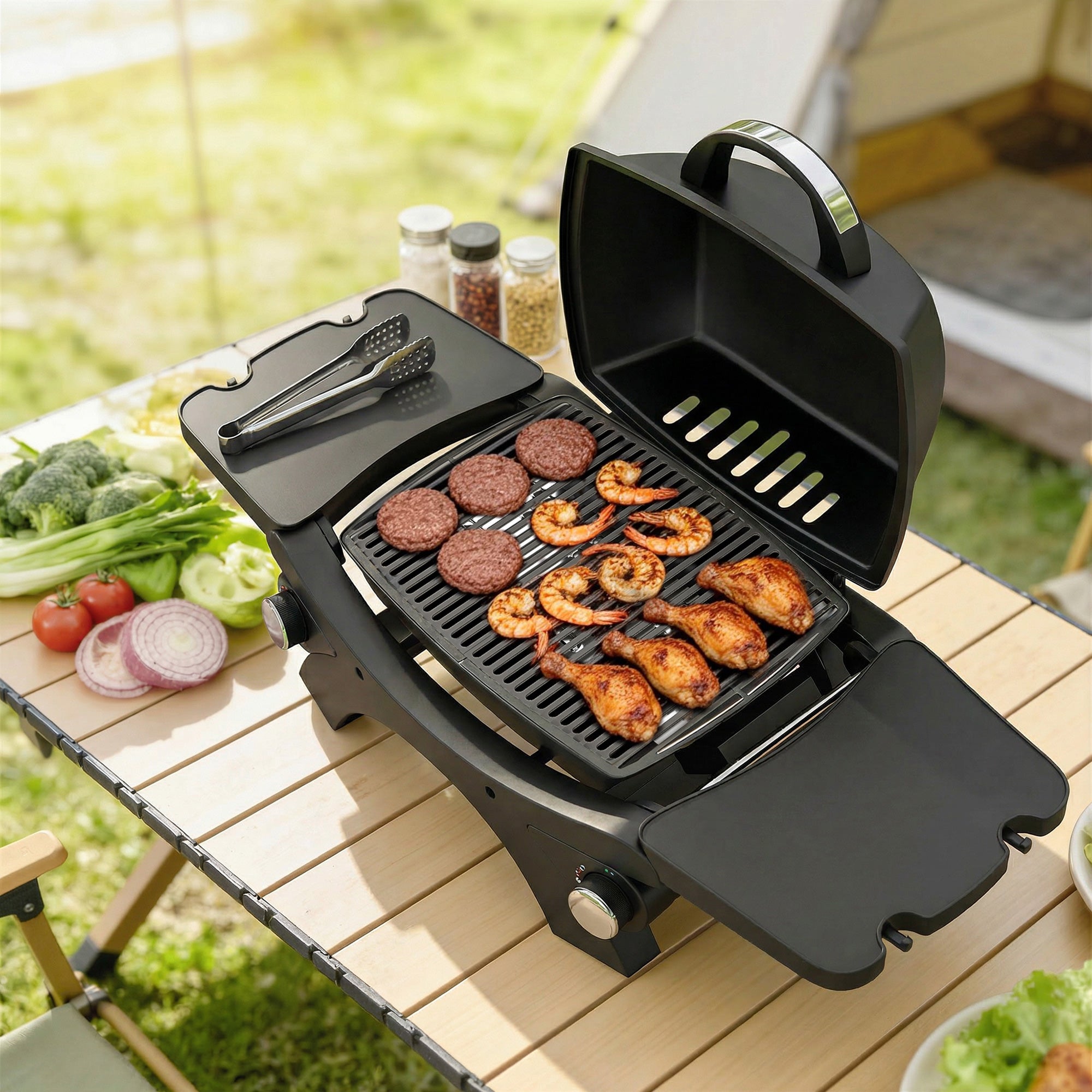 2 Burner Gas Grill with 2 Detachable Side Tables, 3.8 KW Steel Barbecue Grill with Cast Iron Grates, Lid, Thermometer