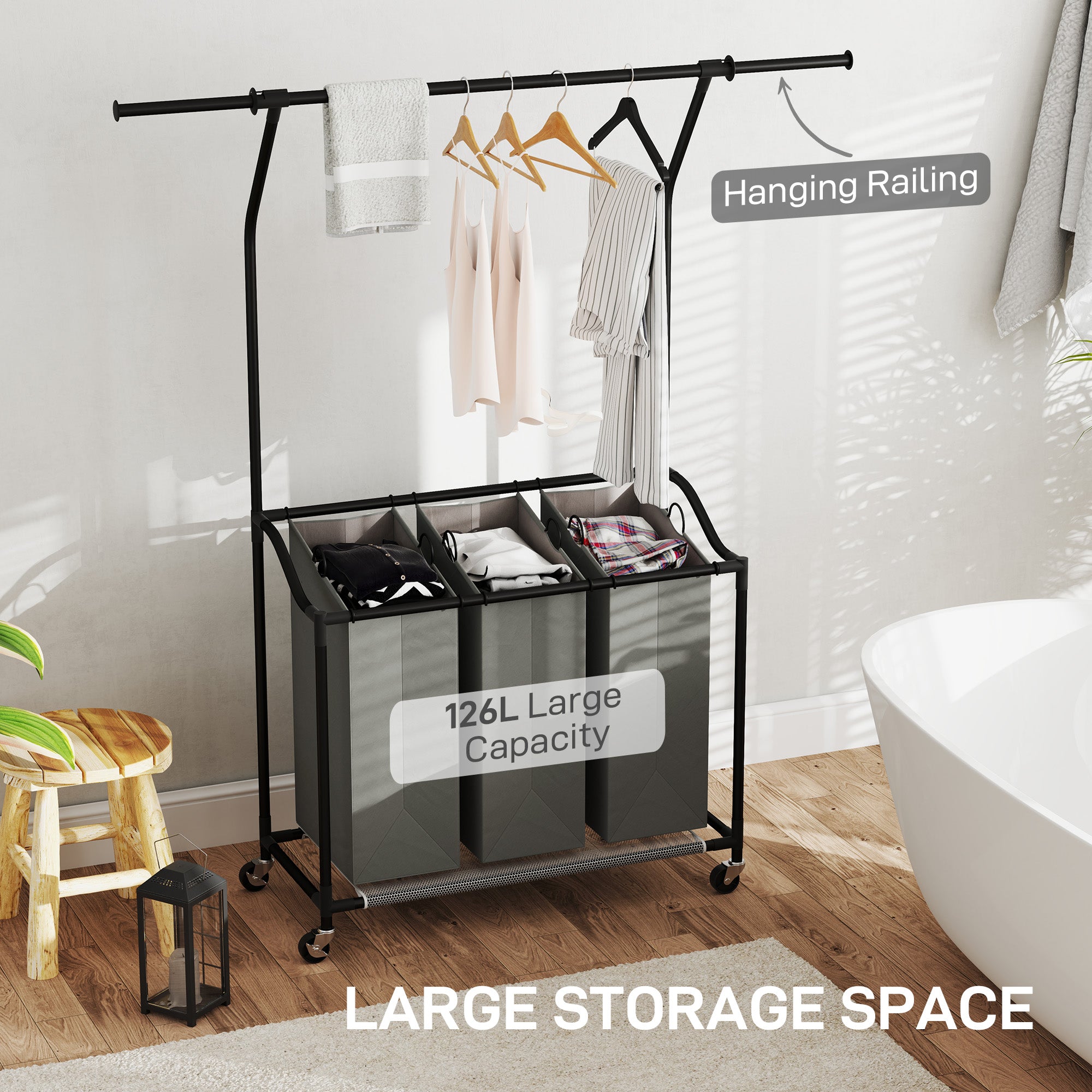 126L Laundry Sorter, Rolling Wash Basket with Hanging Rail and Mobile 3-Bag Organiser for Bedroom, Bathroom, Laundry Room, 88-149.5L x 40W x 167H cm, Dark Grey