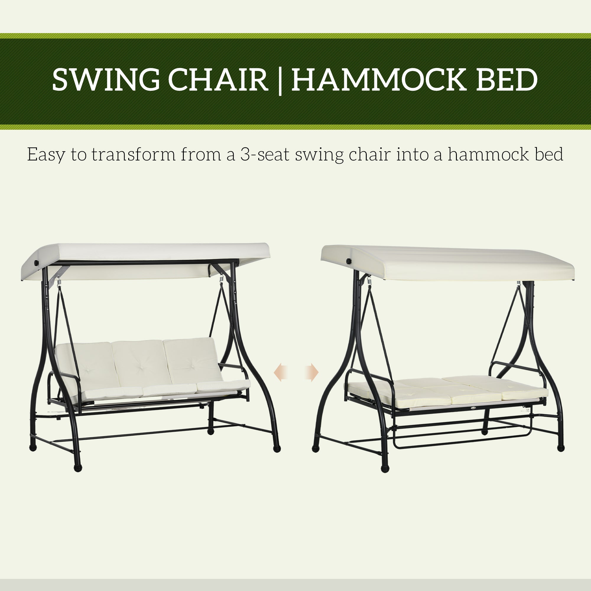 3 Seater Canopy Swing Chair, 2 in 1 Garden Swing Seat Bed, with Adjustable Canopy and Metal Frame, Cream White