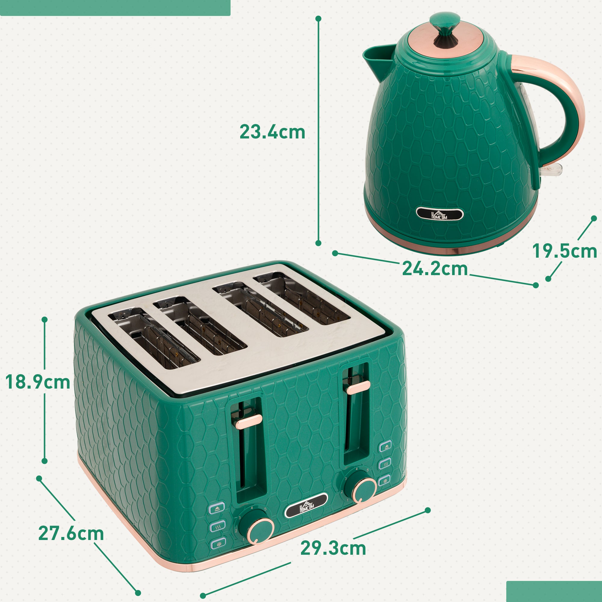 Kettle and Toaster Set, 1.7L 3000W Fast Boil Jug Kettle with Auto Shut Off, 4 Slice Toaster with 7 Level Browning Controls & Crumb Tray, Green