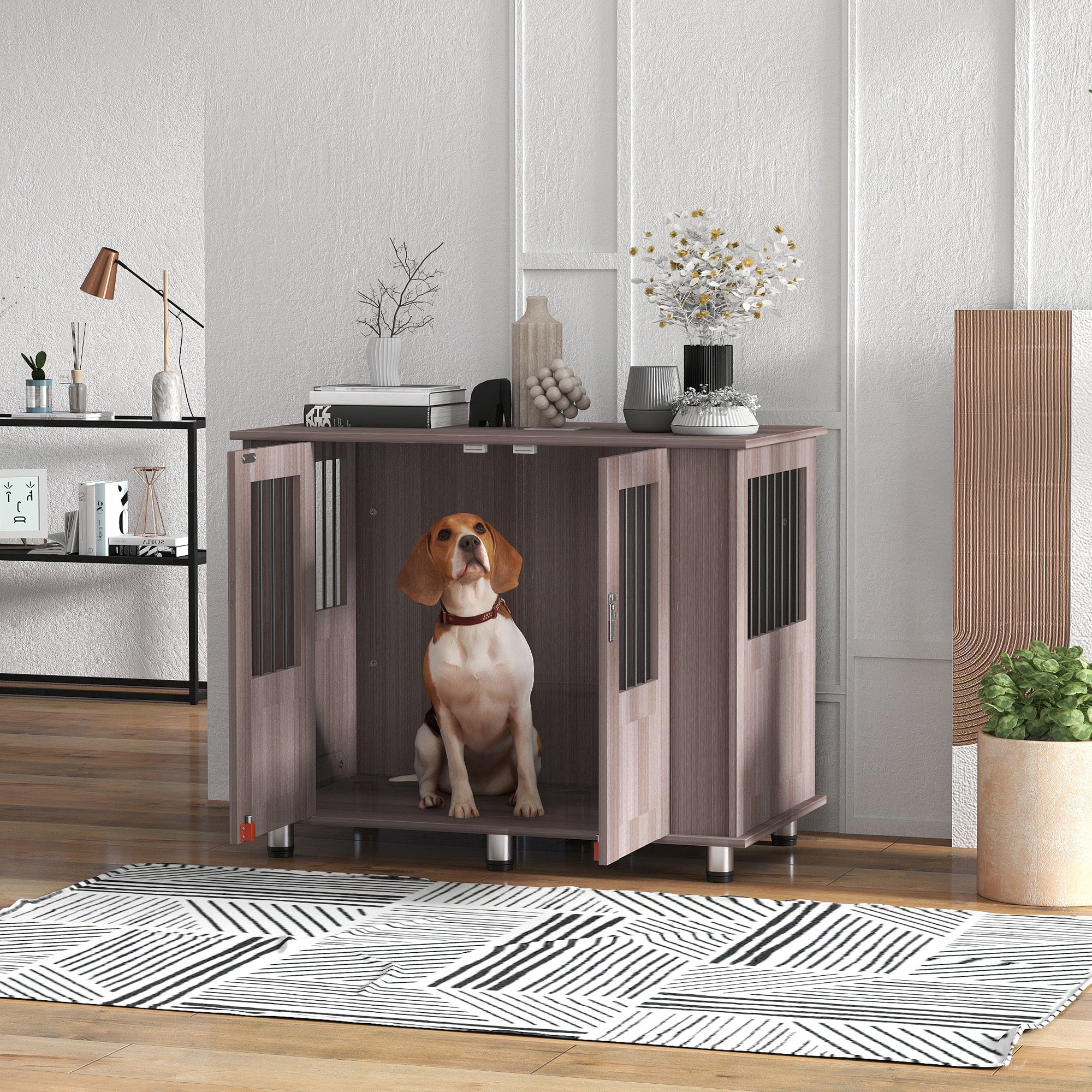 Dog Crate Table for Medium and Large Dogs with Magnetic Door for Indoor Use, 95 x 55 x 75 cm, Purple